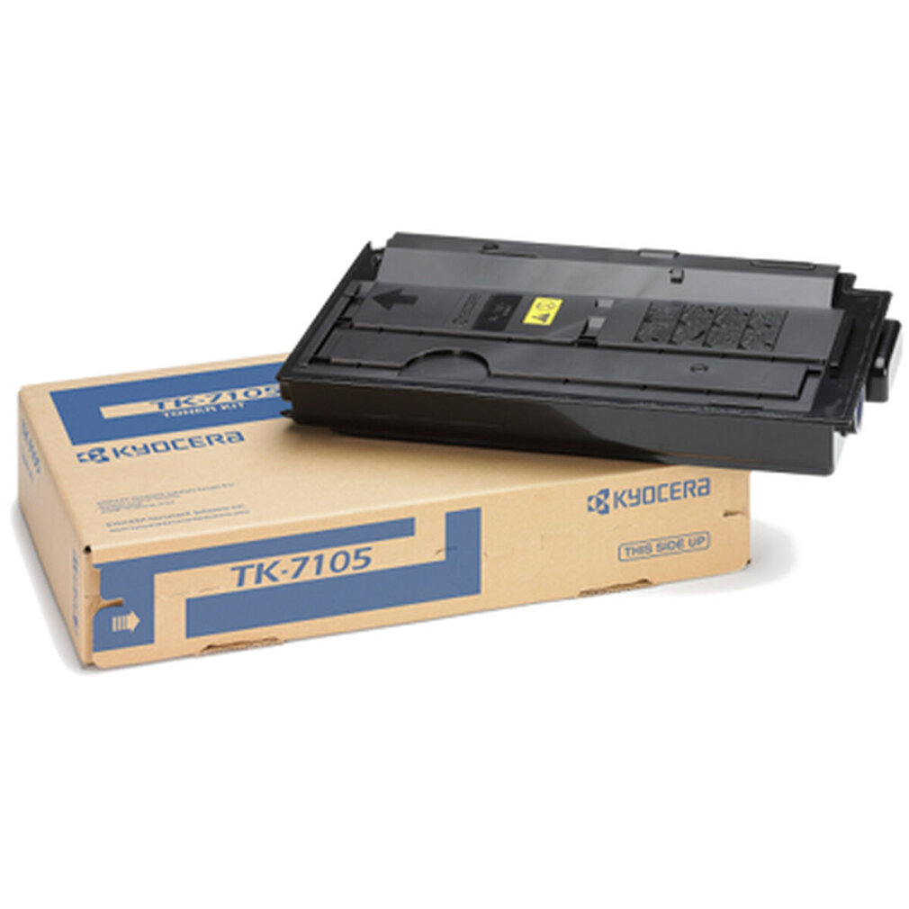Ein Toner-Kit-Kartons und eine Tonerkartusche. Die Box ist beige mit blauem Text 'TK-7105'. Die Kartusche ist schwarz.