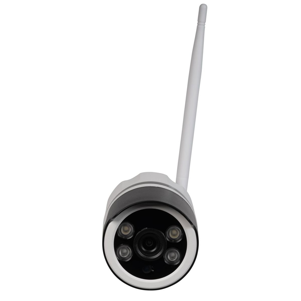 Een witte en zwarte beveiligingscamera met een witte antenne. De camera heeft vier lampjes en een lens.