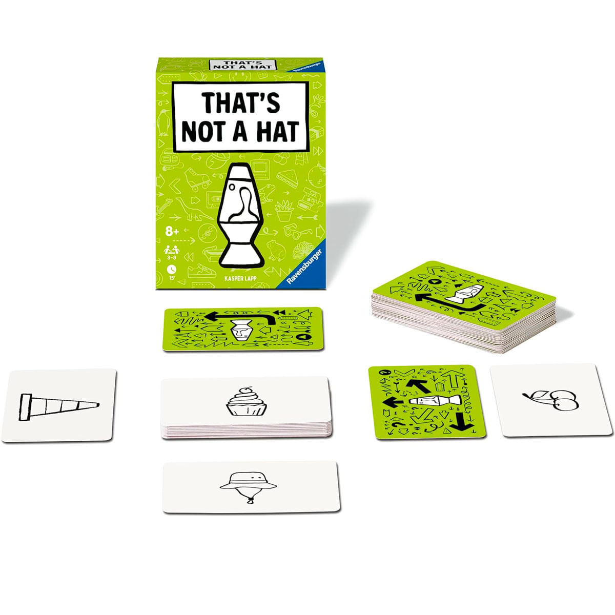 Gra 'That's Not a Hat' z kartami, pudełkiem i ilustracjami. Karty przedstawiają obiekty takie jak kapelusz, babeczka i lampa lawowa. Kolory zielony i biały.