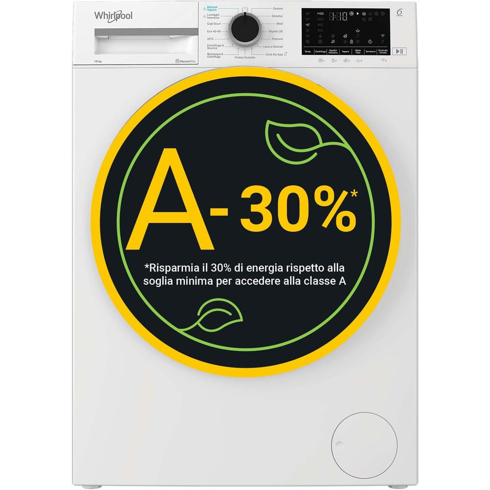 Una lavatrice Whirlpool bianca con un'etichetta 'A -30%', che evidenzia l'efficienza energetica.