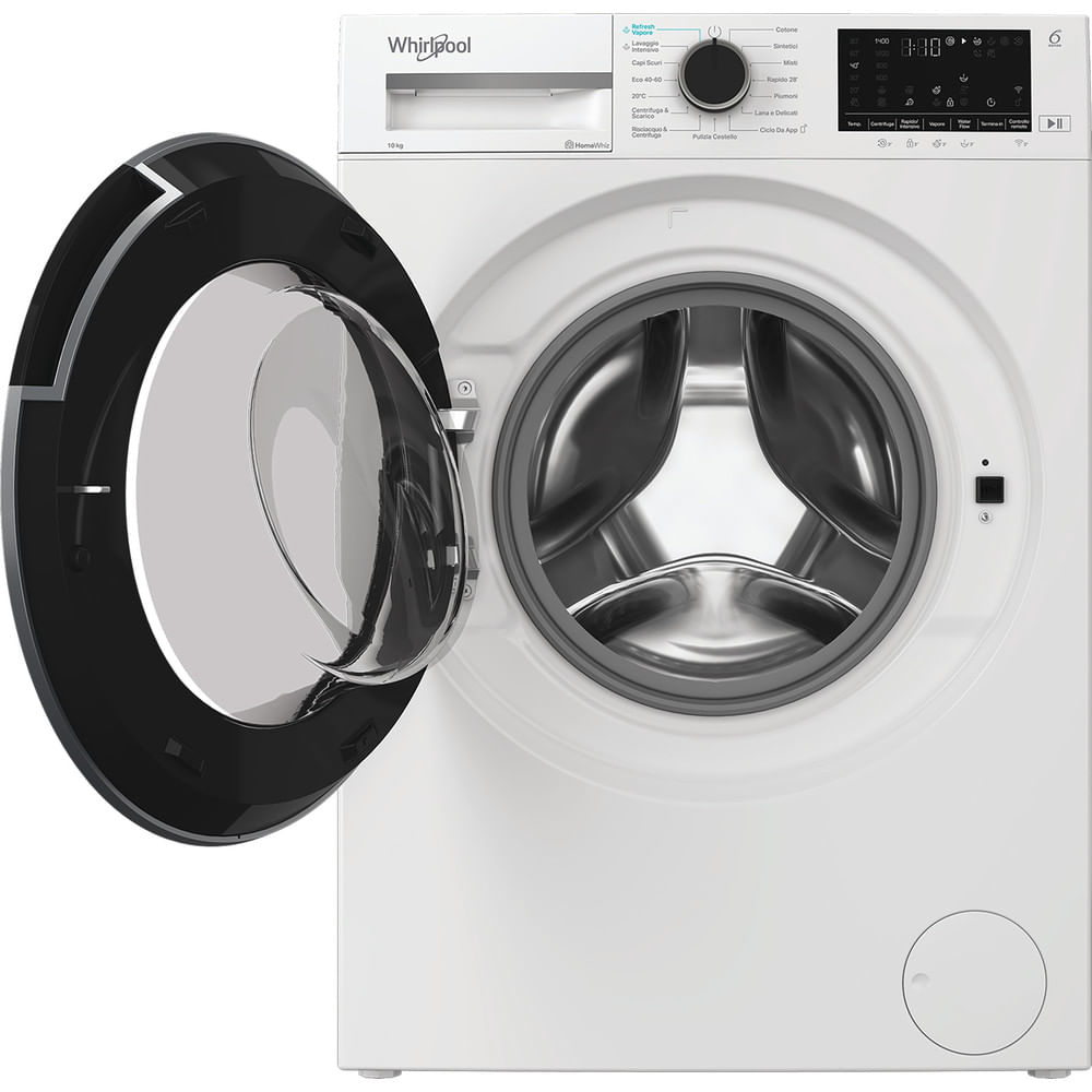 Una lavatrice Whirlpool bianca con porta nera aperta. Il cestello interno è visibile. Comandi e display sono in alto.