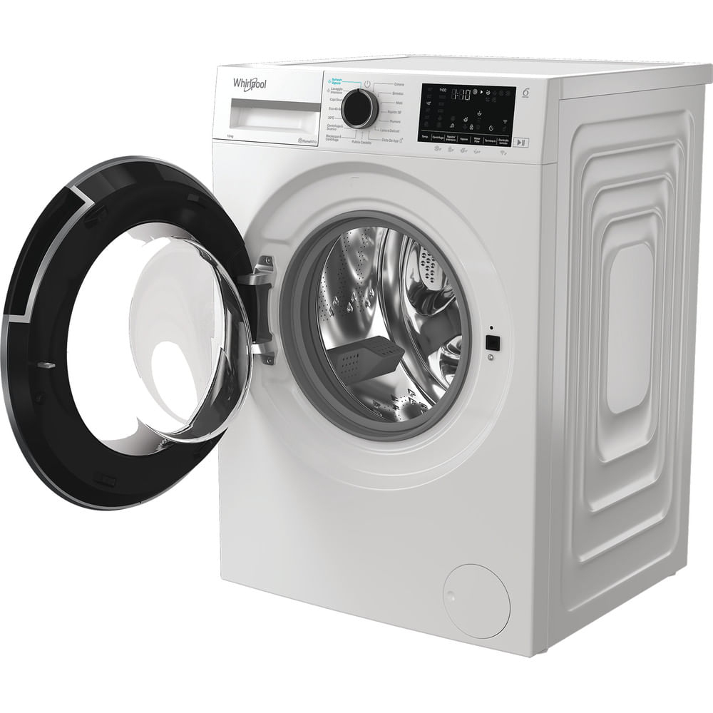 Una lavatrice Whirlpool bianca con la porta aperta. La porta ha un bordo nero e un vetro trasparente. Il pannello di controllo è visibile.