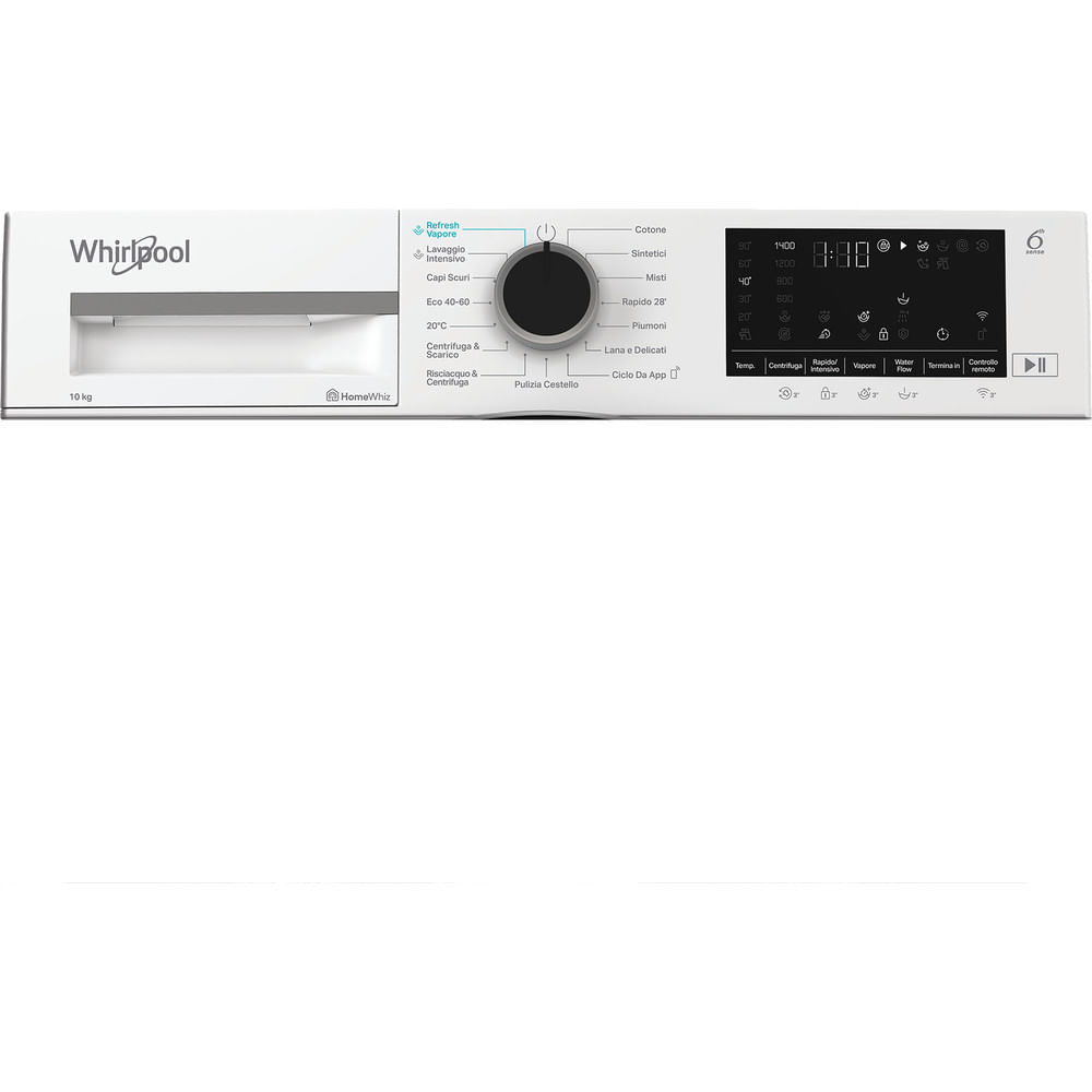 Pannello di controllo bianco della lavatrice Whirlpool. Presenta un quadrante, un display e pulsanti per varie impostazioni.