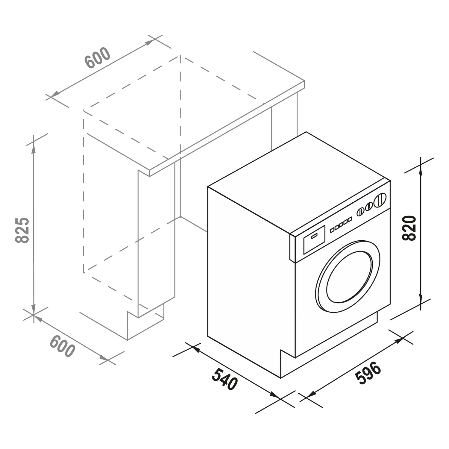 Vista isometrica di una lavatrice con dimensioni indicate. Un contorno tratteggiato suggerisce un mobile sopra. Misure in millimetri.