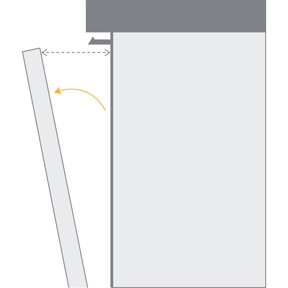 Diagrama de una puerta abriéndose. Una puerta rectangular está parcialmente abierta, indicada por una flecha. Líneas punteadas muestran la distancia de apertura.