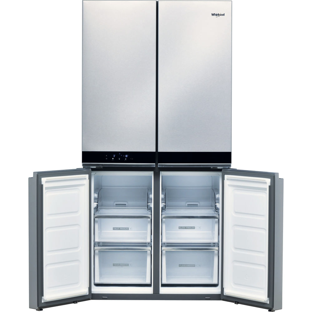 Un refrigerador Whirlpool de acero inoxidable con cuatro puertas. Las puertas inferiores están abiertas, revelando cajones del congelador.