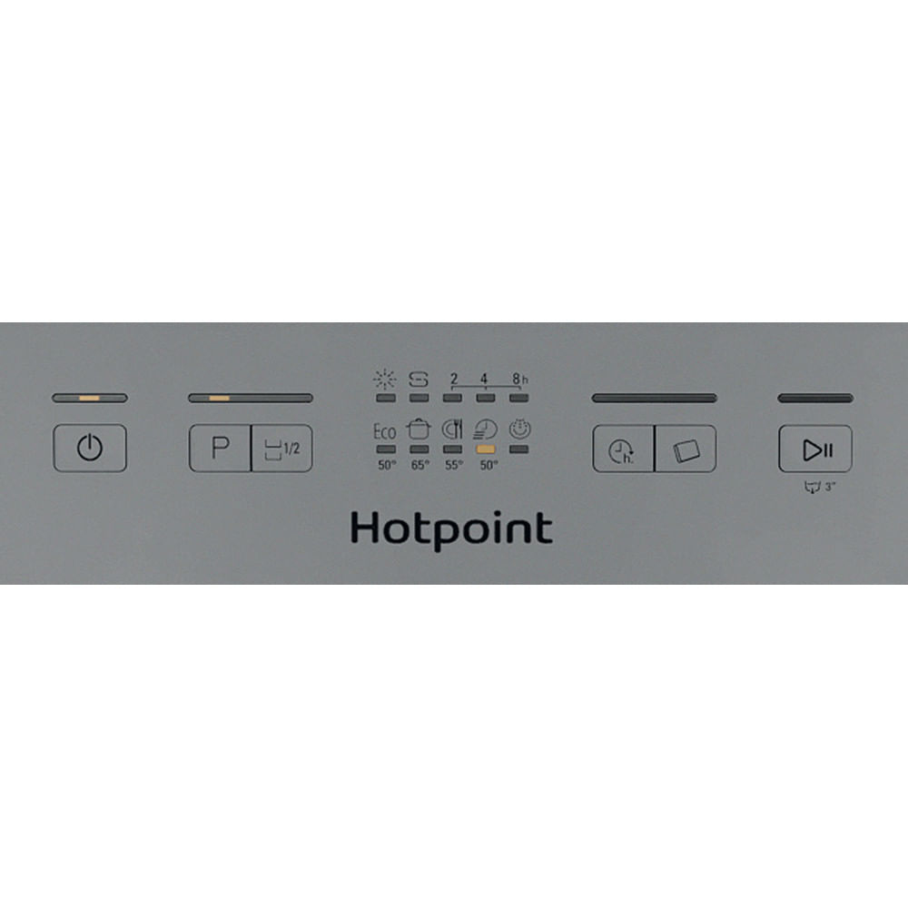 Pannello di controllo grigio della lavastoviglie Hotpoint. Ci sono pulsanti e indicatori per alimentazione, programmi e tempo. Il logo 'Hotpoint' è visibile.