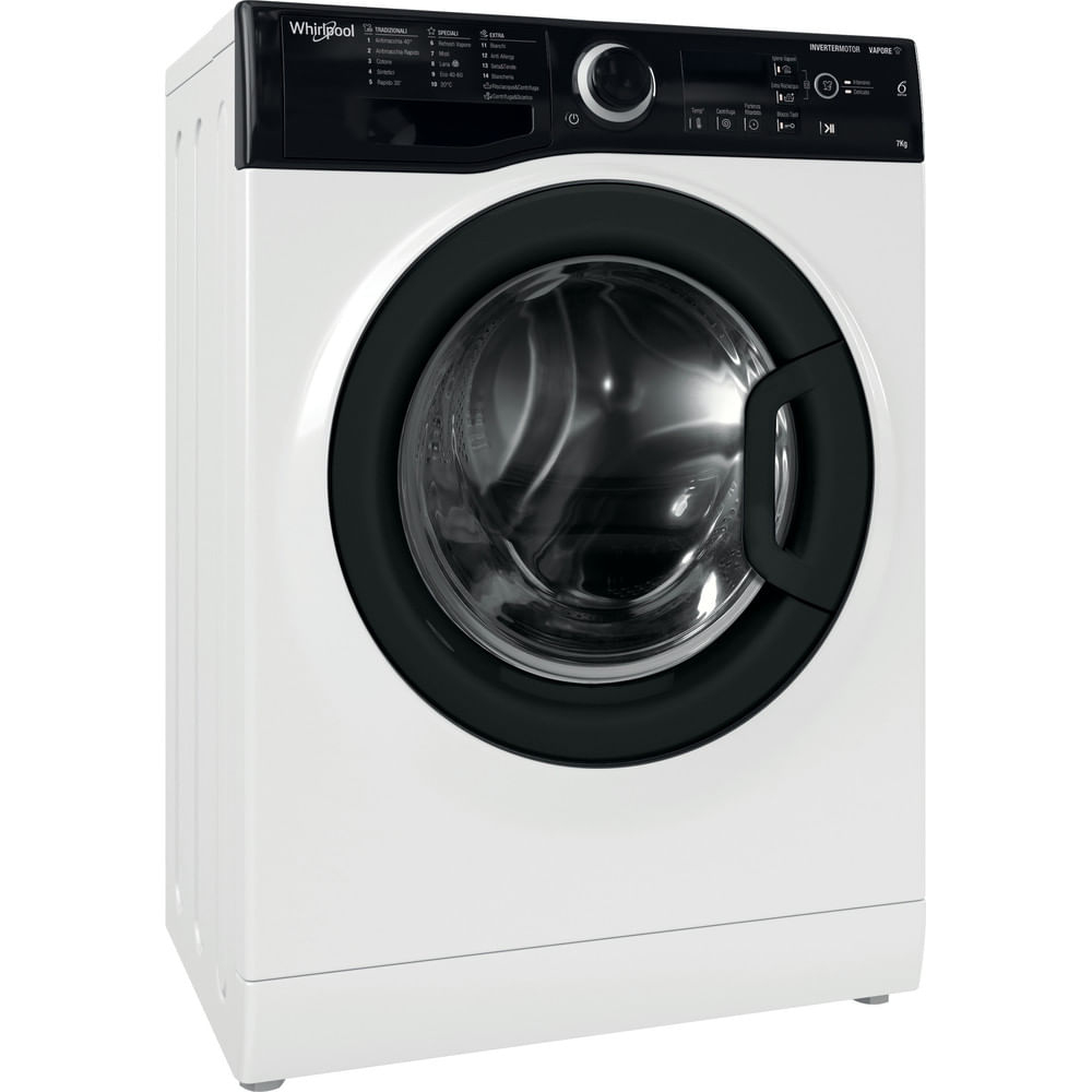 Una lavatrice Whirlpool bianca con pannello di controllo e cornice della porta neri. La porta è chiusa, mostrando un vetro.