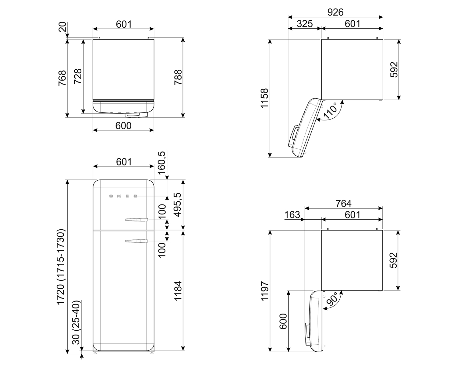 Dibujos técnicos de electrodomésticos con dimensiones. Incluye un refrigerador, un calentador de agua y otros dispositivos similares.