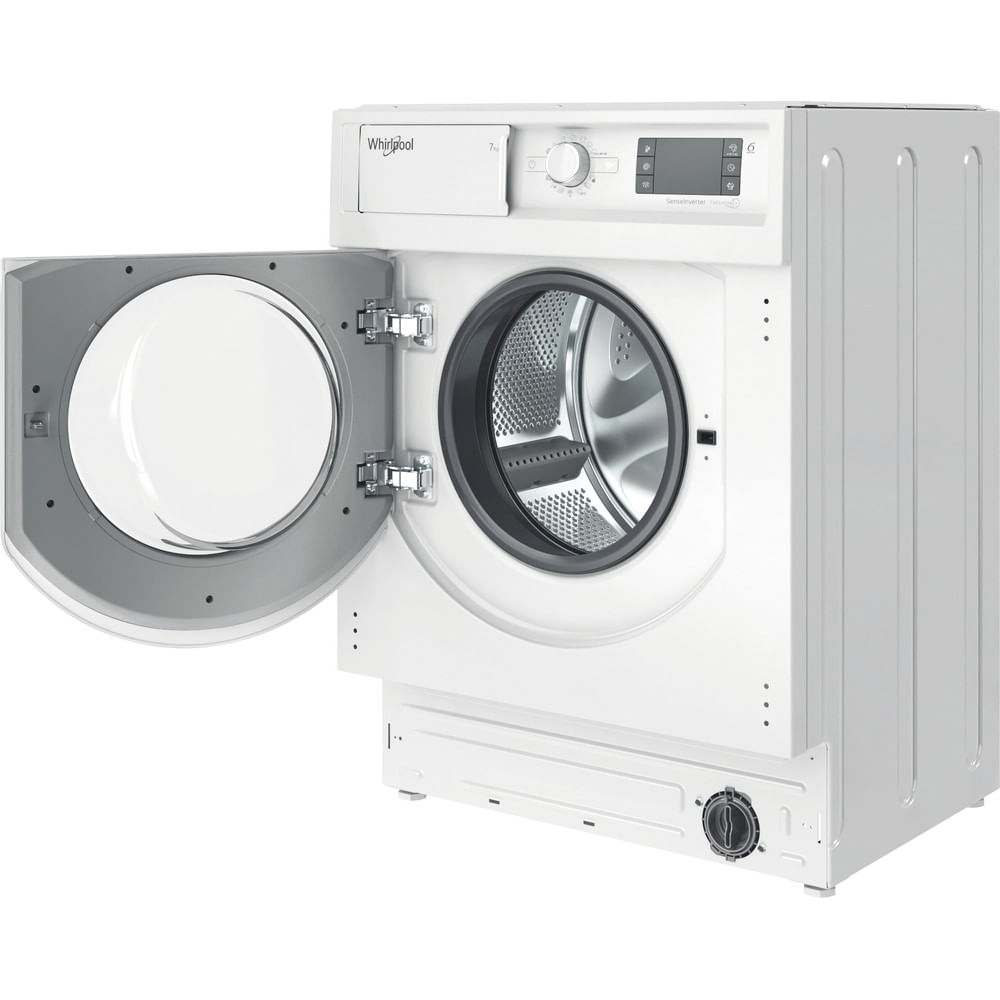 Una lavadora Whirlpool blanca con la puerta abierta. La máquina tiene un panel de control, un dial y una pantalla digital.