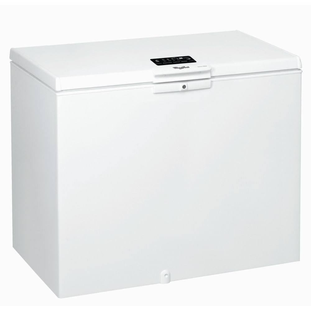 Un congelatore a pozzetto bianco con coperchio superiore. Ha un pannello di controllo e una maniglia. Il logo Whirlpool è visibile.