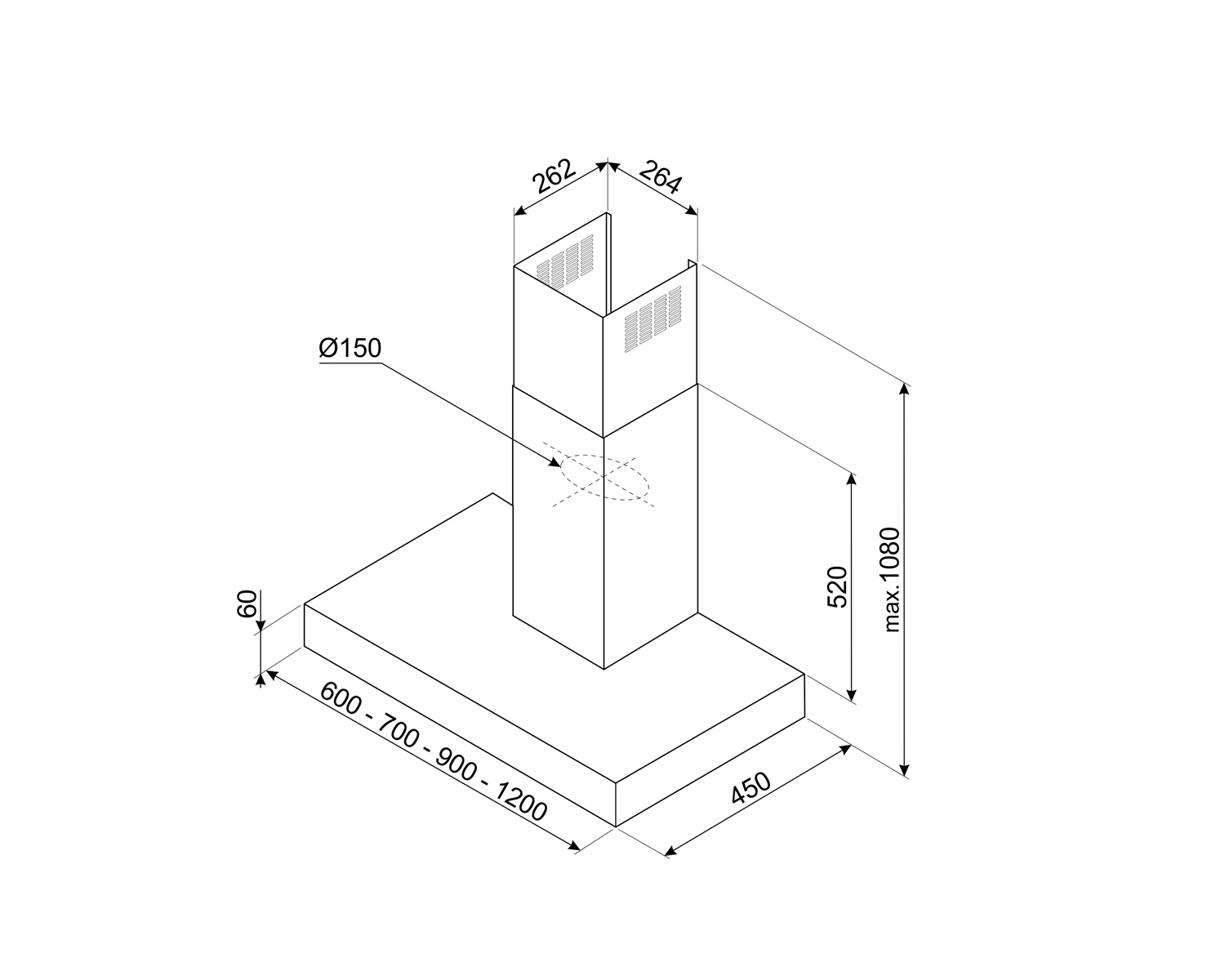 Diagramma di una cappa da cucina con dimensioni. Include una base rettangolare, una sezione verticale centrale e una sezione superiore con prese d'aria.