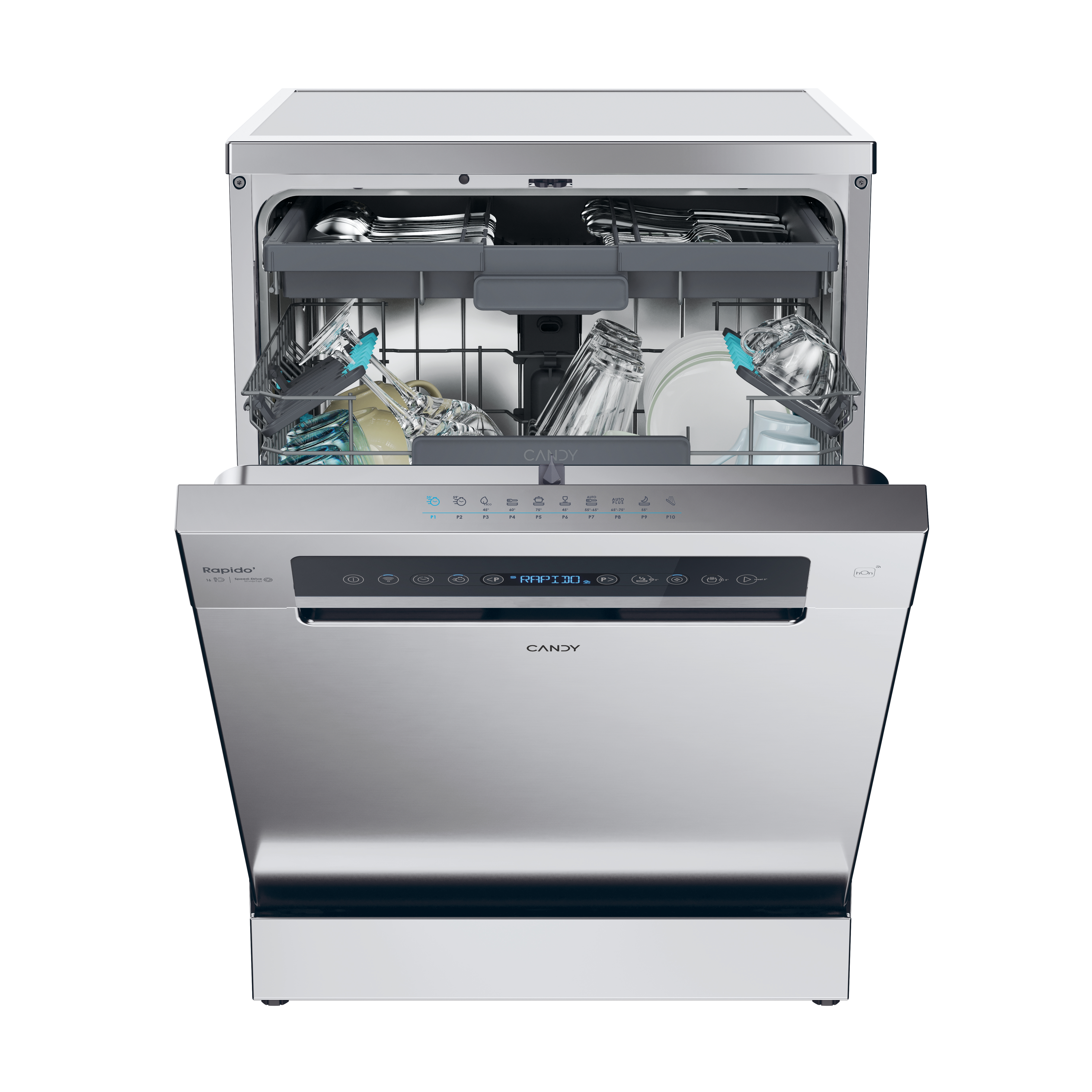 Un lavavajillas de acero inoxidable con la puerta abierta, lleno de platos y vasos. La marca es Candy.