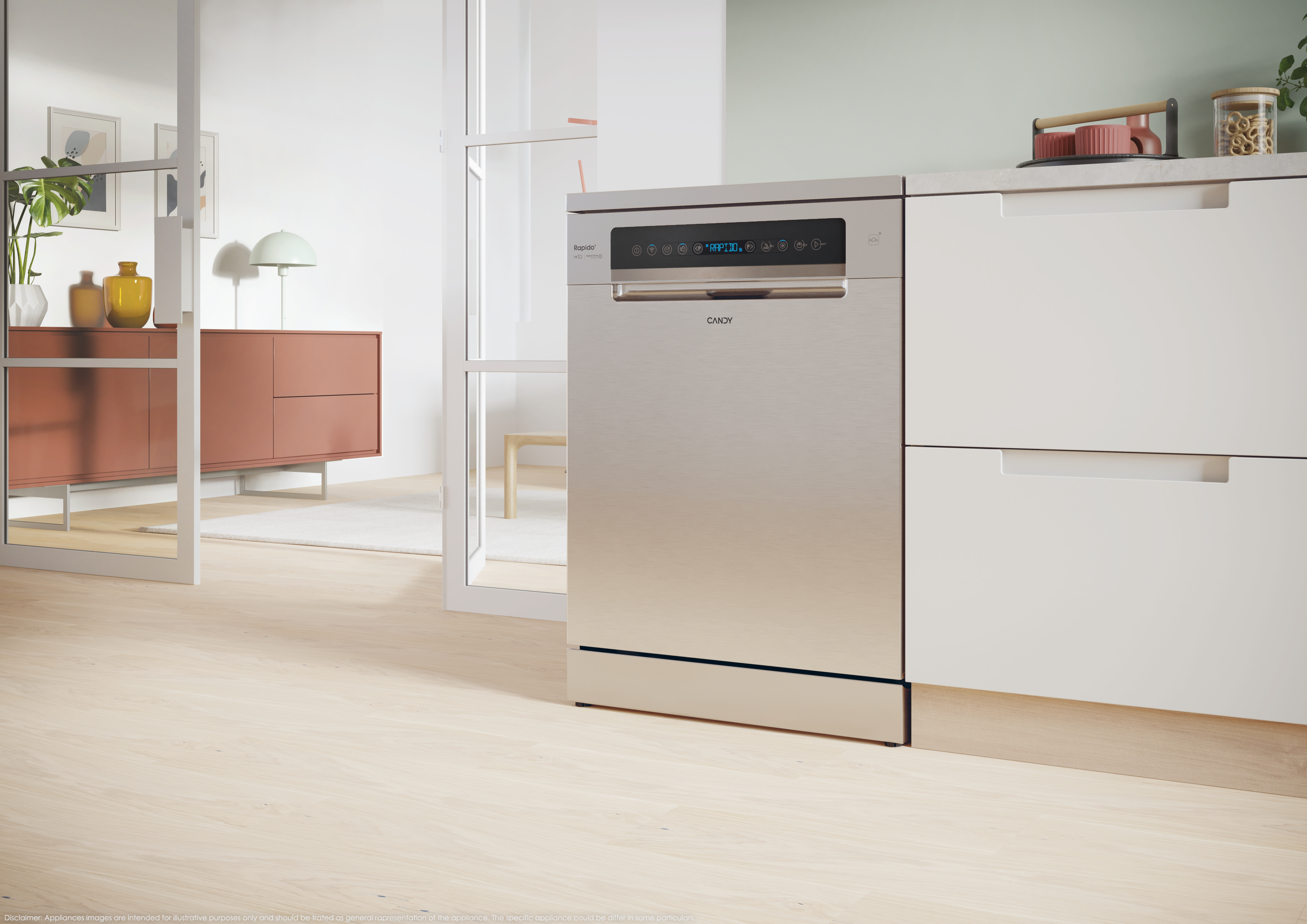 Una cocina moderna con lavavajillas de acero inoxidable. Armario con puertas blancas y suelo de madera. Vista a través de una puerta de cristal.