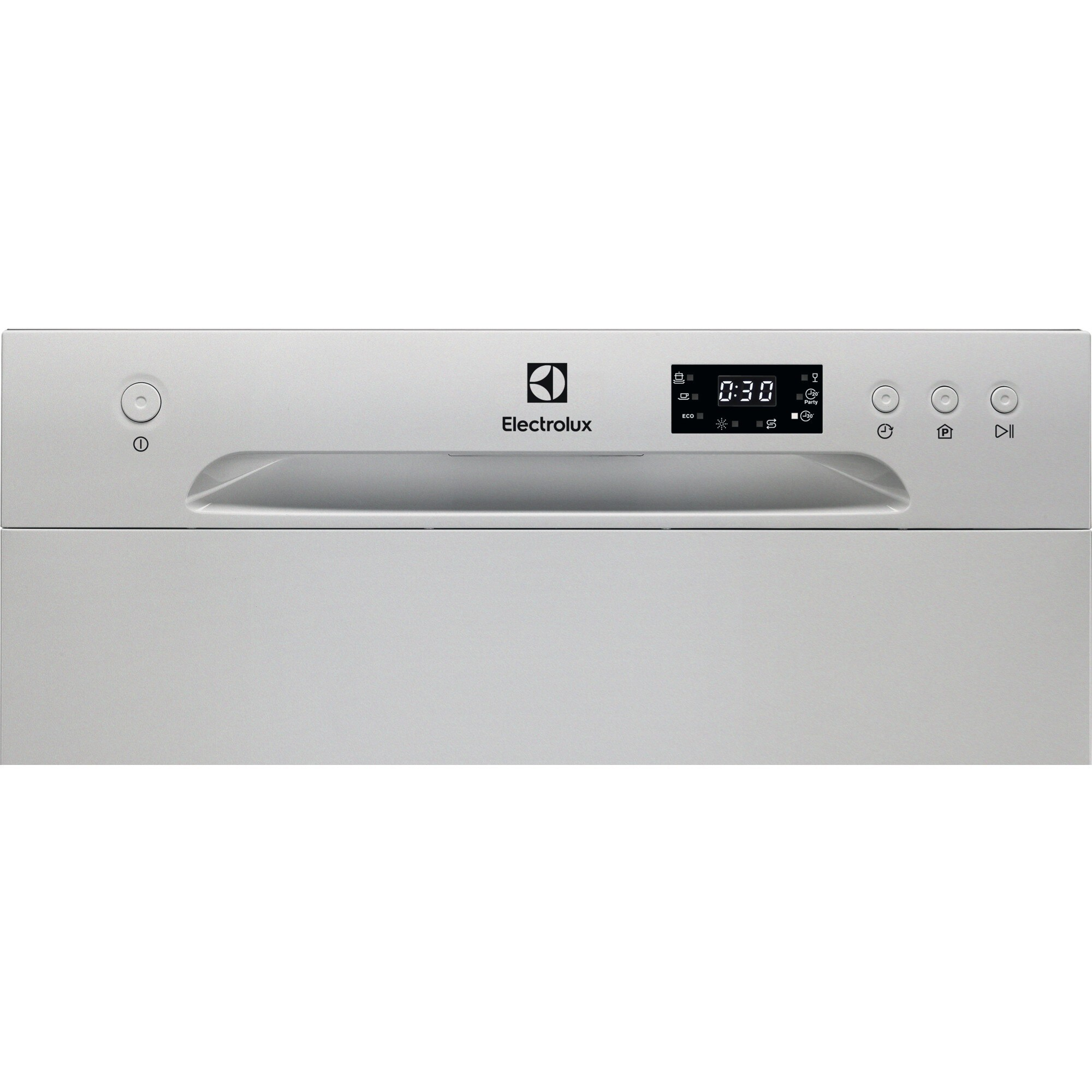 Ein silberner Electrolux-Geschirrspüler. Er hat eine Digitalanzeige mit 0:30. Knöpfe und das Electrolux-Logo sind sichtbar.