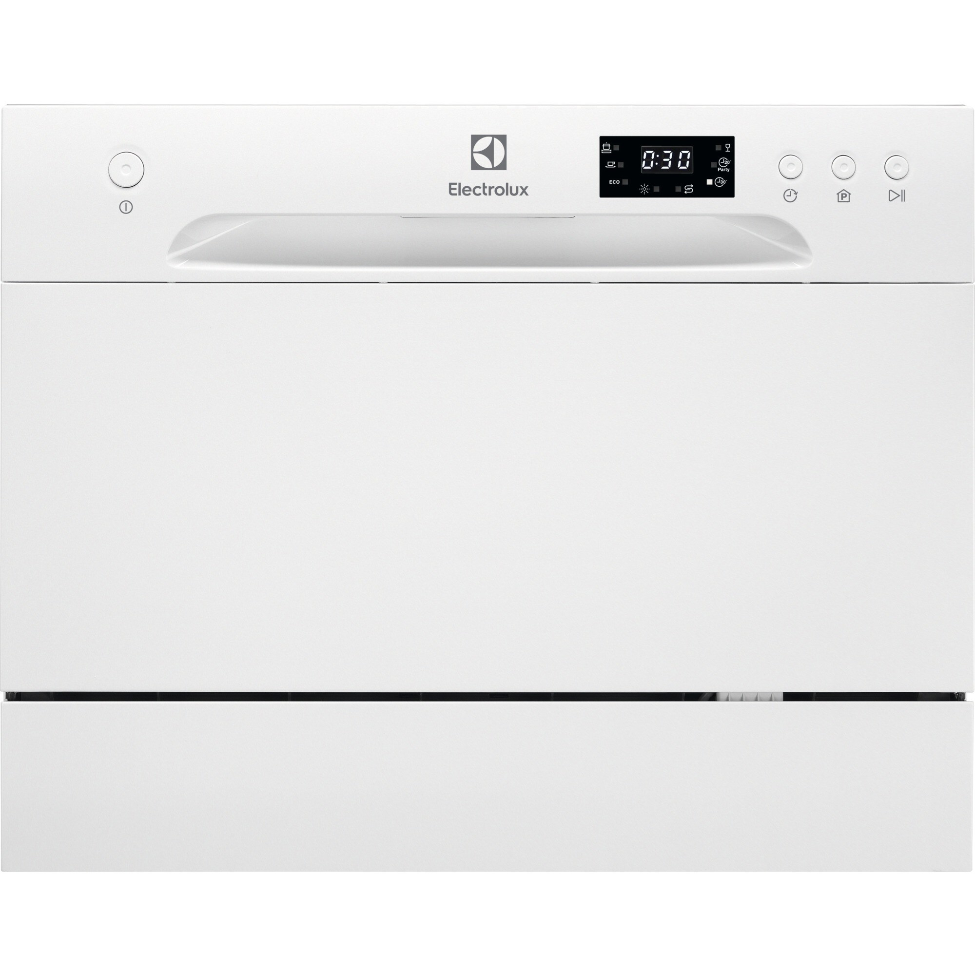 Ein weißer Electrolux-Geschirrspüler. Er hat eine Digitalanzeige mit 0:30. Auf der Vorderseite befinden sich Knöpfe und ein Griff.
