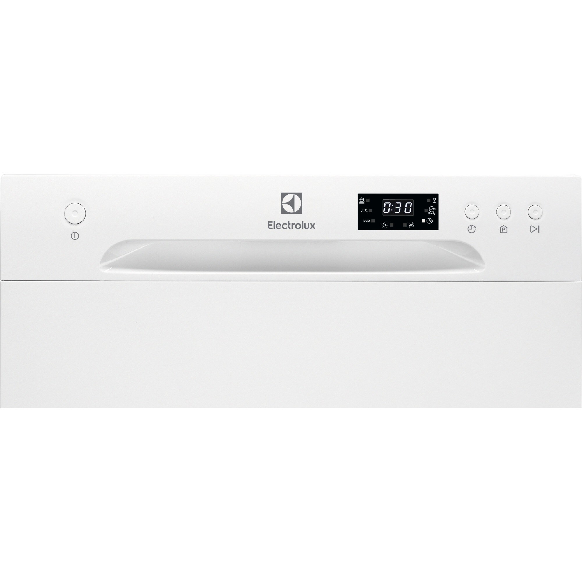 Ein weißer Electrolux-Geschirrspüler. Er hat eine digitale Anzeige mit 0:30. Es gibt Steuertasten und das Electrolux-Logo.