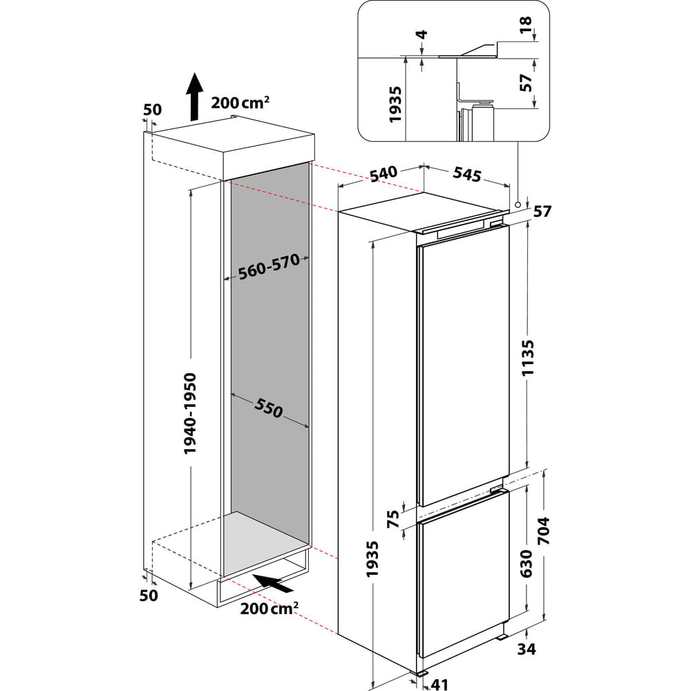 Diagram of a refrigerator, showing dimensions in mm. Includes sections for the fridge and freezer. Arrows point to measurements.