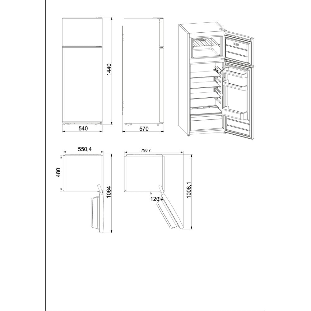 Diagrama de un refrigerador con dimensiones en milímetros. Incluye vistas frontal, lateral y con puerta abierta, con medidas.