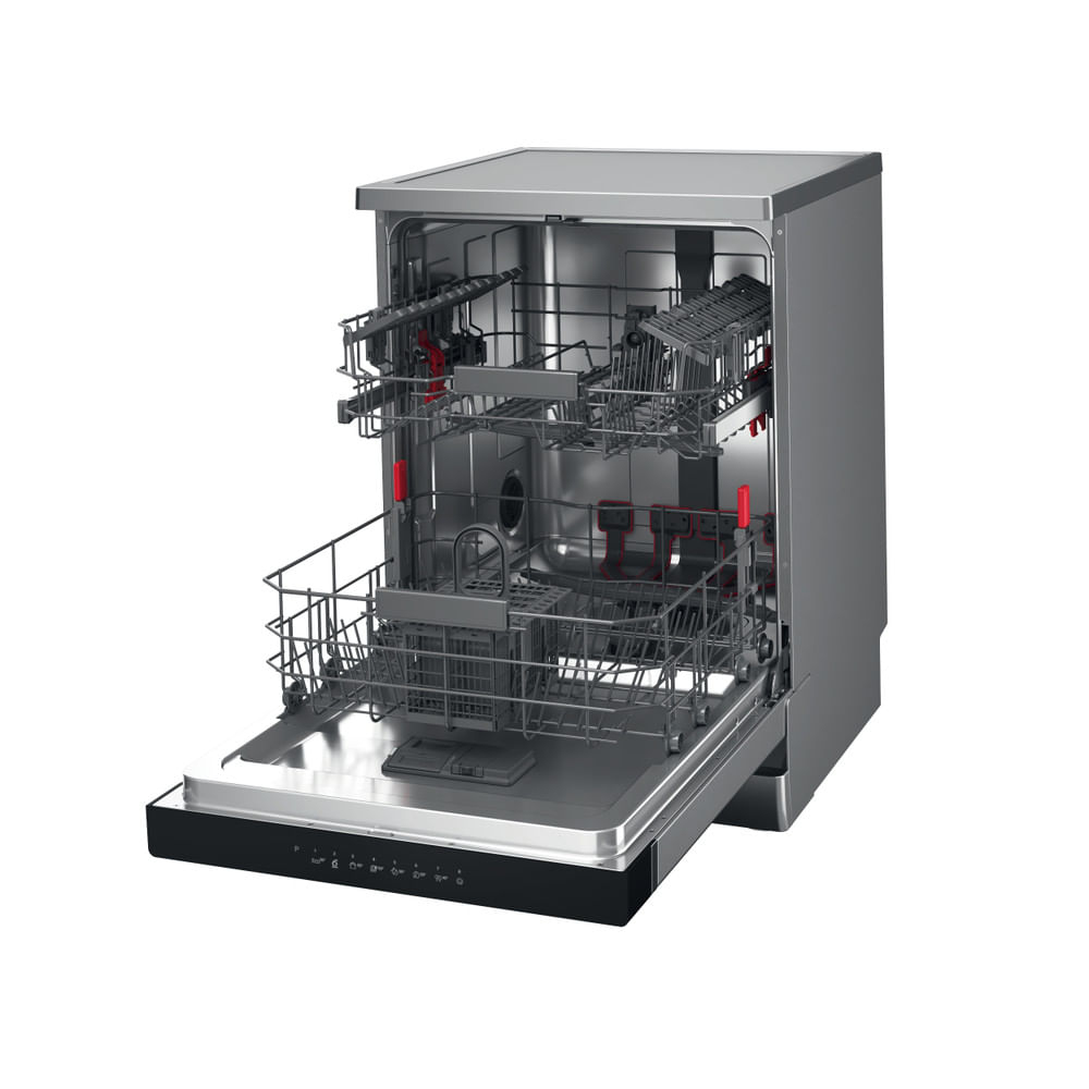Zmywarka ze stali nierdzewnej z otwartymi drzwiami. W środku znajdują się kosze na naczynia. Panel sterowania jest czarny.