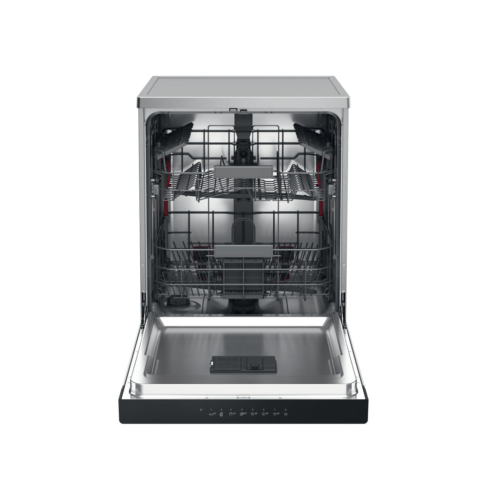 Otwarta zmywarka z koszami. Wnętrze ze stali nierdzewnej. Czarny panel sterowania u dołu z przyciskami i ikonami.