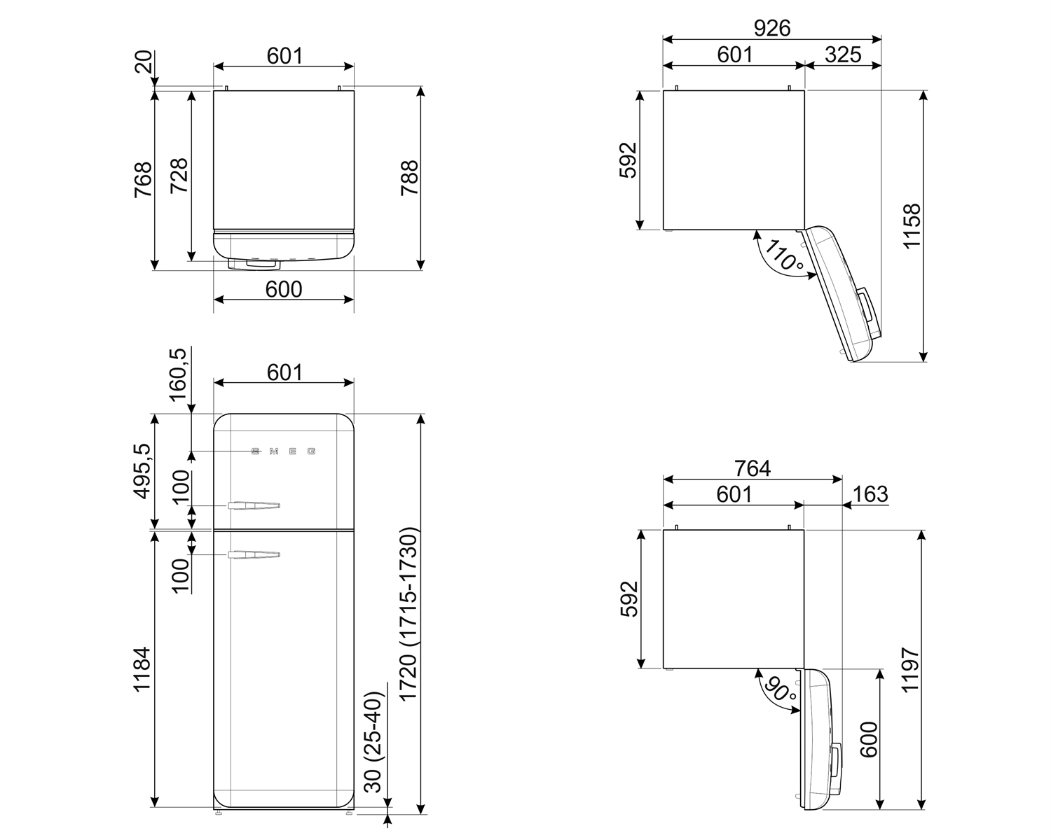 Dibujos técnicos de refrigeradores, mostrando dimensiones en milímetros. Incluye vistas frontal, lateral y superior.