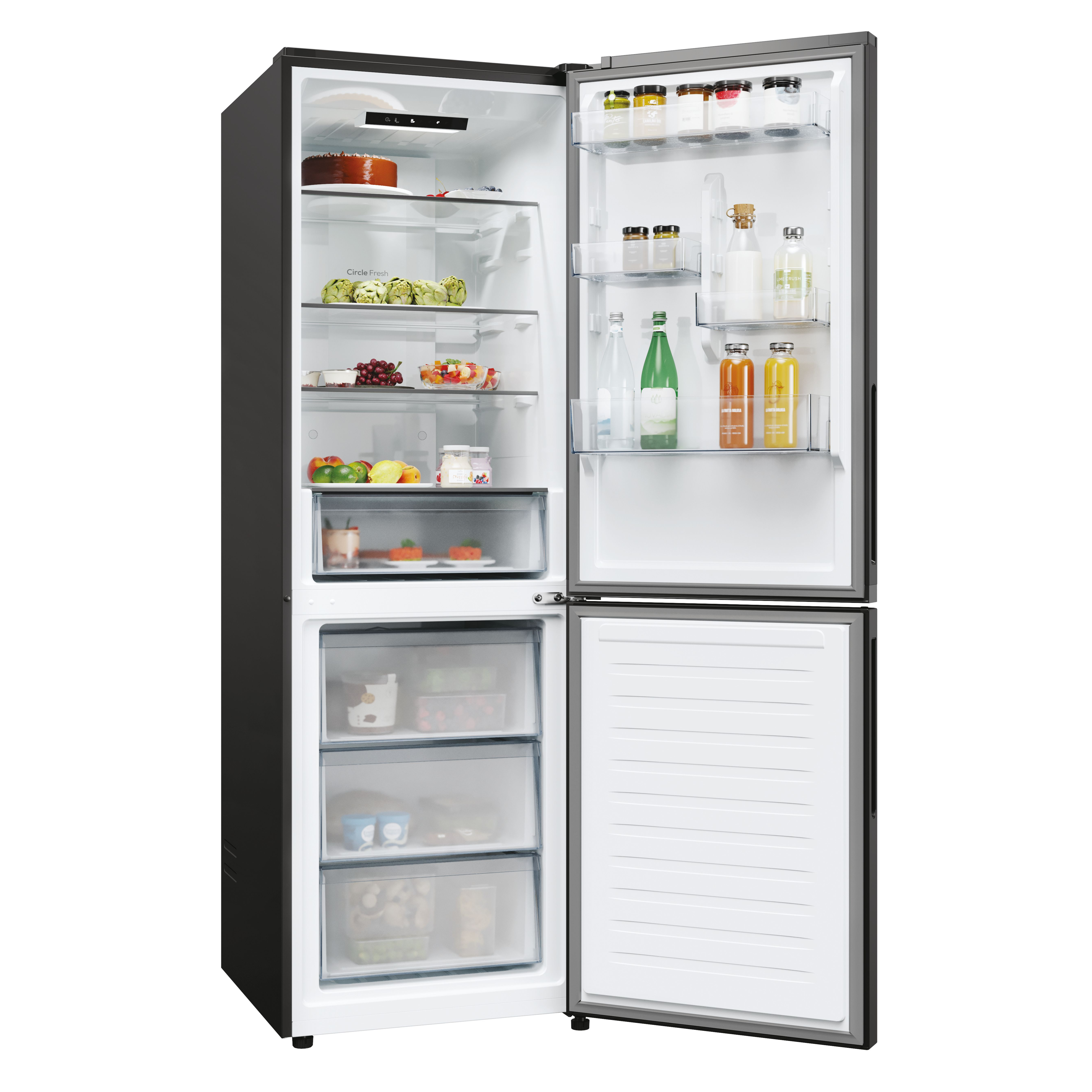 Refrigerador abierto lleno de alimentos: frutas, verduras, bebidas y frascos. También son visibles los cajones del congelador.