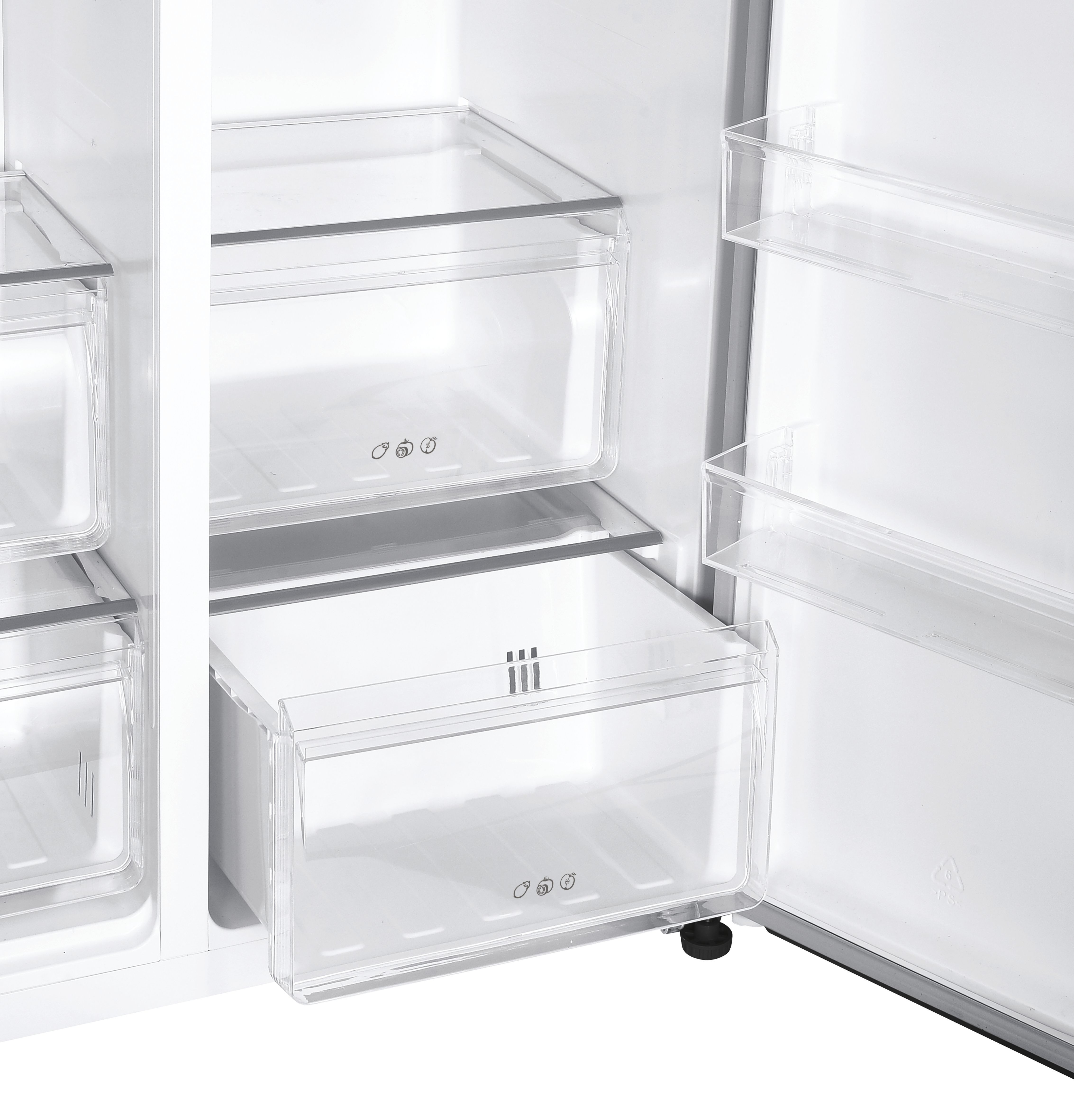 Interior de refrigerador abierto con cajones y estantes transparentes. Puerta blanca abierta, iconos de fruta.