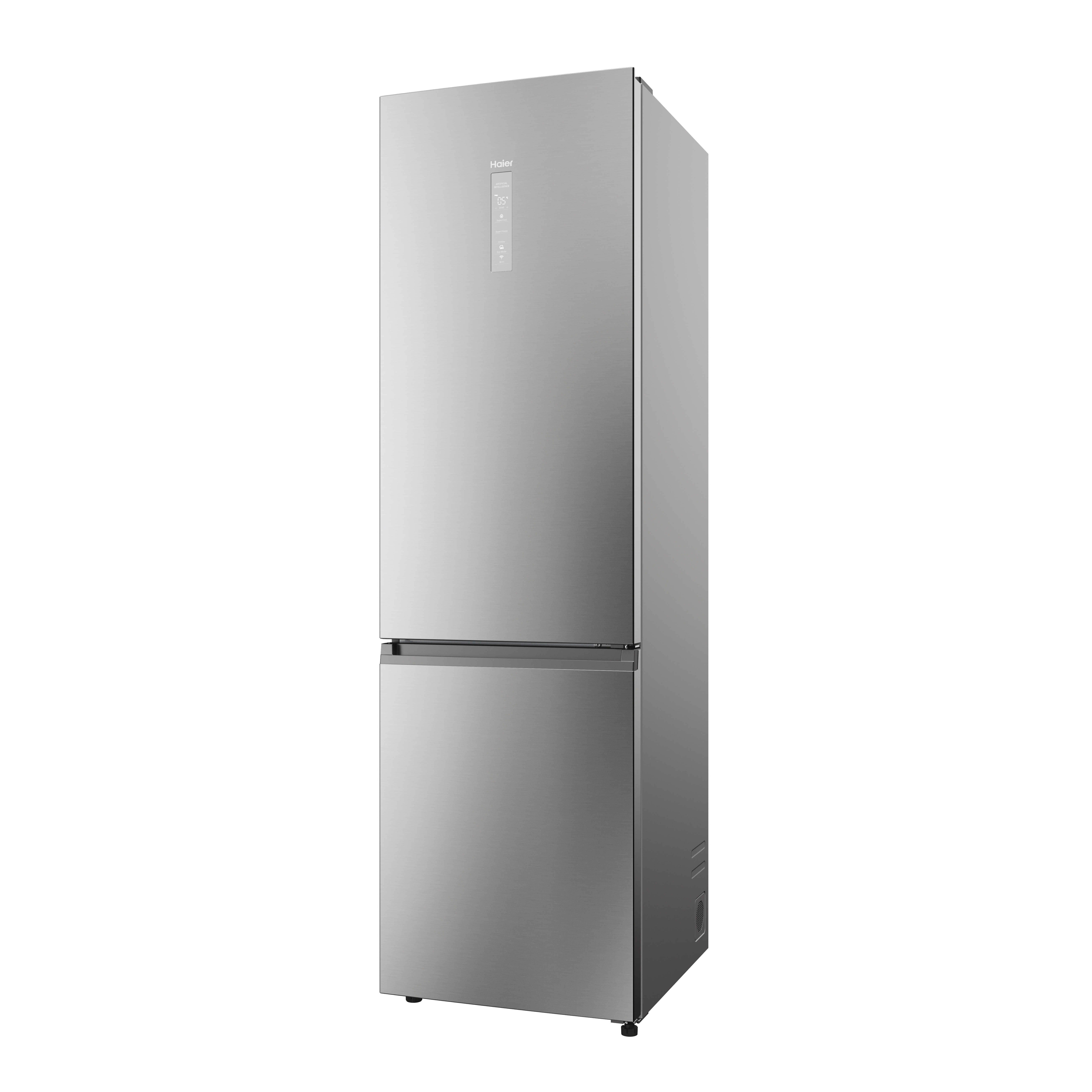 Un moderno frigorífico Haier de acero inoxidable. Tiene dos puertas, una pantalla digital y está sobre fondo blanco.