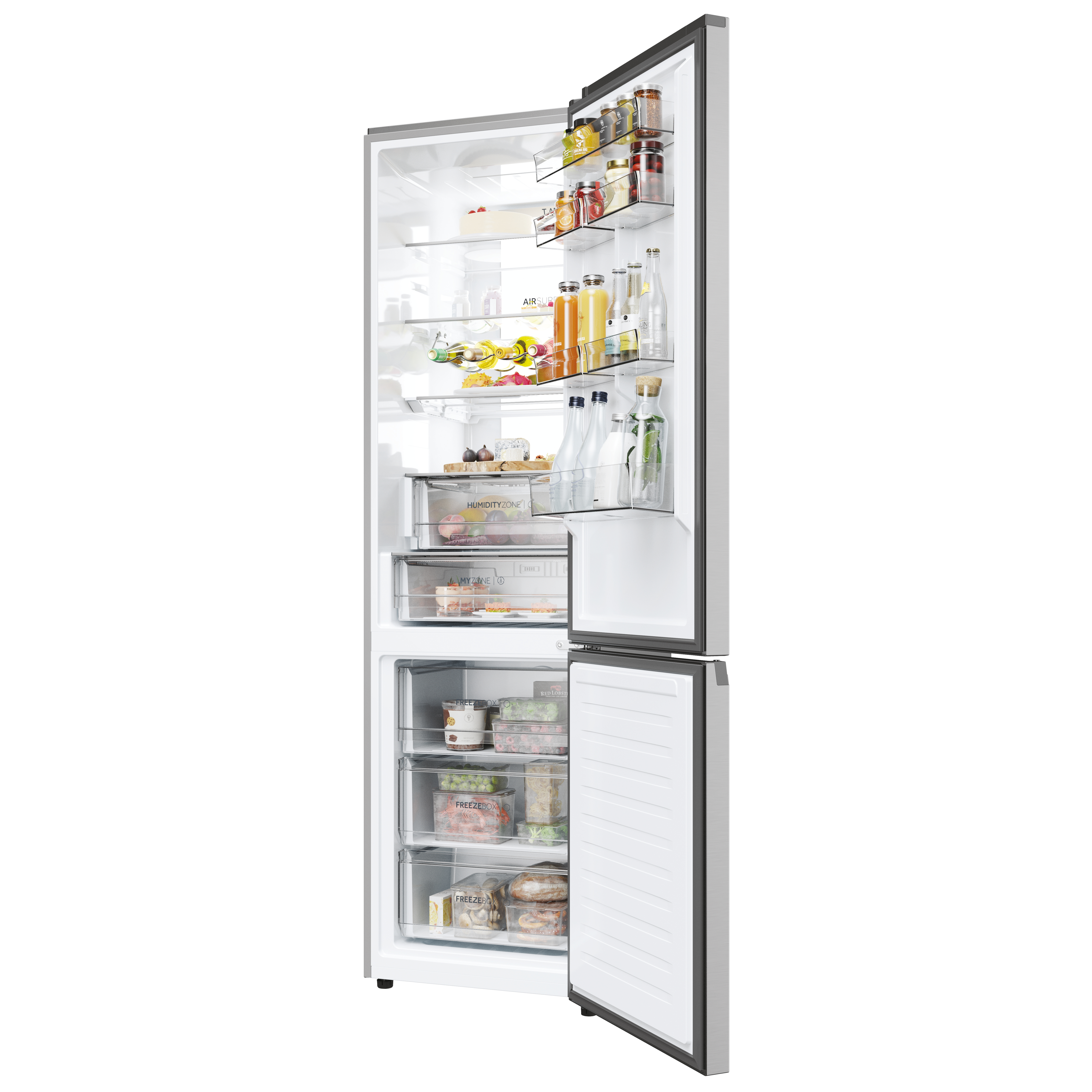 Refrigerador moderno y abierto lleno de alimentos y bebidas. La puerta del congelador también está abierta, mostrando alimentos.