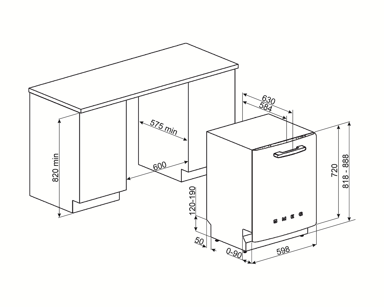 Un diagramma schematico mostra una lavastoviglie accanto a un mobile. Le dimensioni sono indicate in millimetri. La lavastoviglie ha il marchio Smeg.