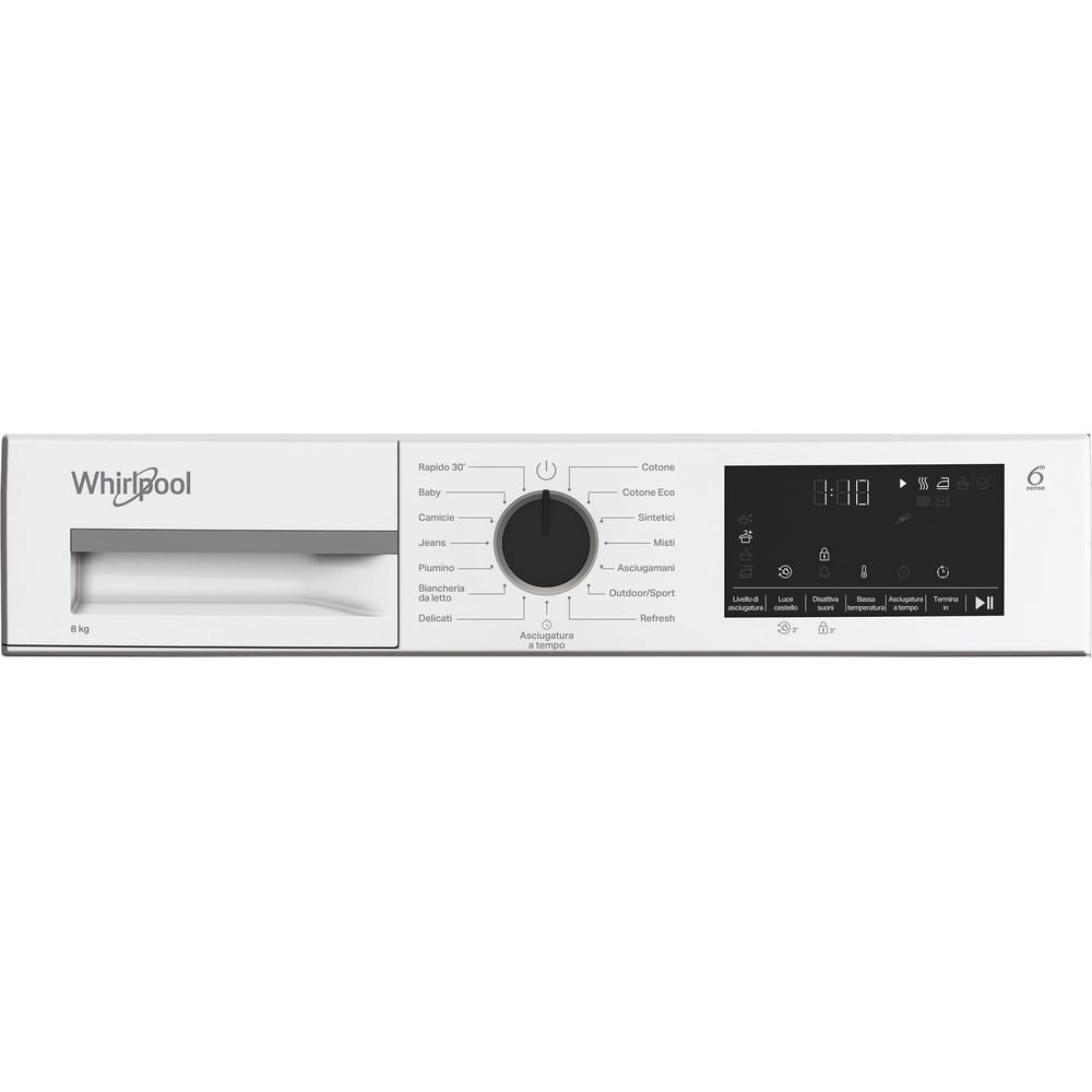 Pannello comandi lavatrice Whirlpool bianco. Ha un quadrante per i programmi e un display digitale. Tasti per diverse opzioni sono visibili.
