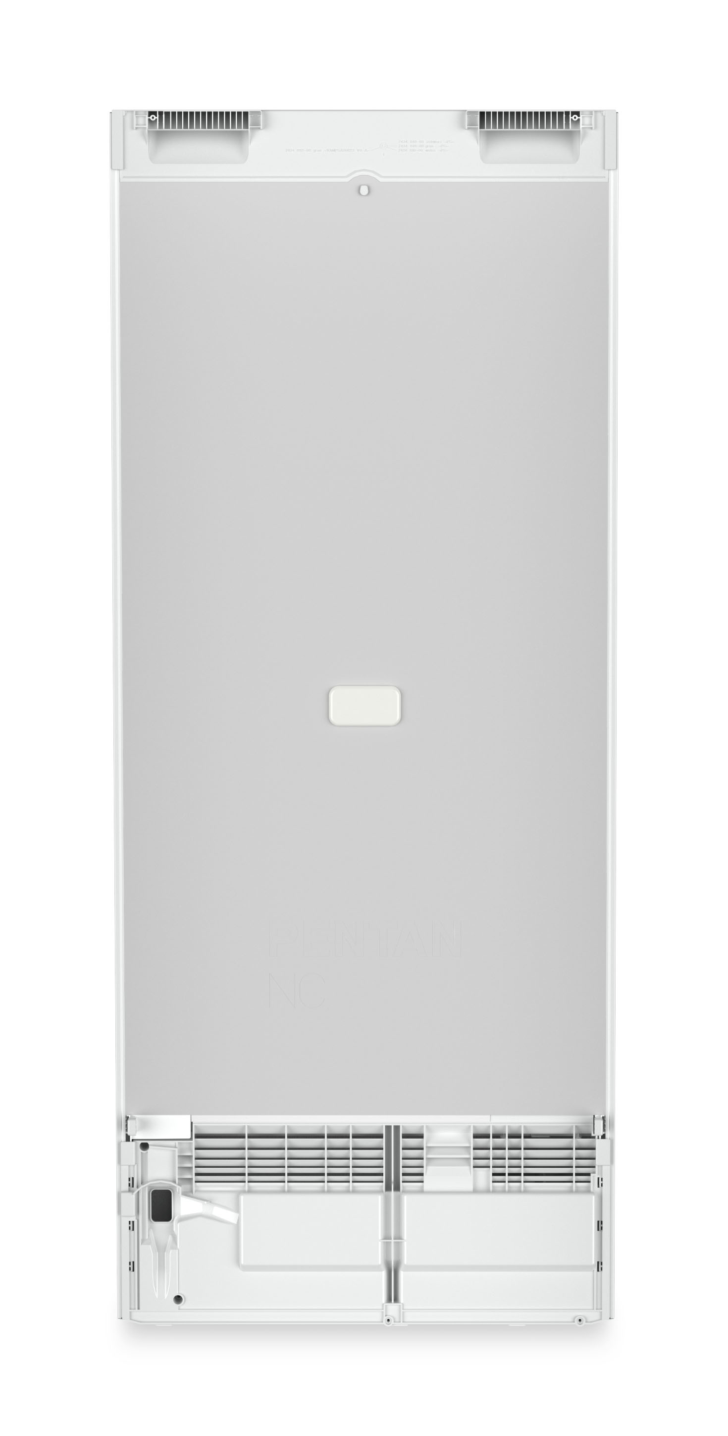 Un pannello posteriore bianco del frigorifero. Ha prese d'aria in alto e in basso. Un pulsante bianco rettangolare è al centro.