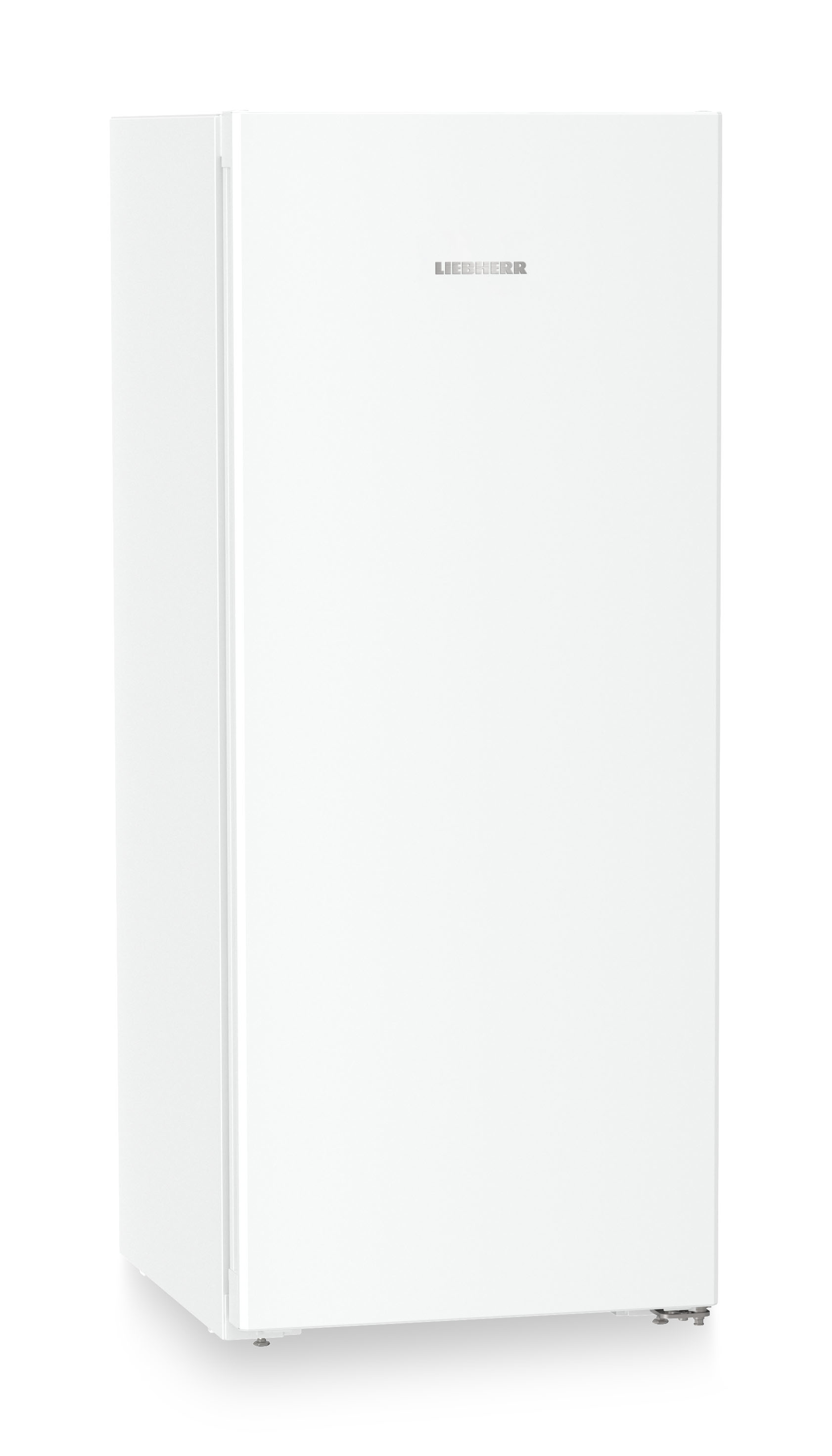 Un frigorifero Liebherr bianco isolato. Il marchio è sulla porta. Ha un design semplice e si trova su una superficie bianca.