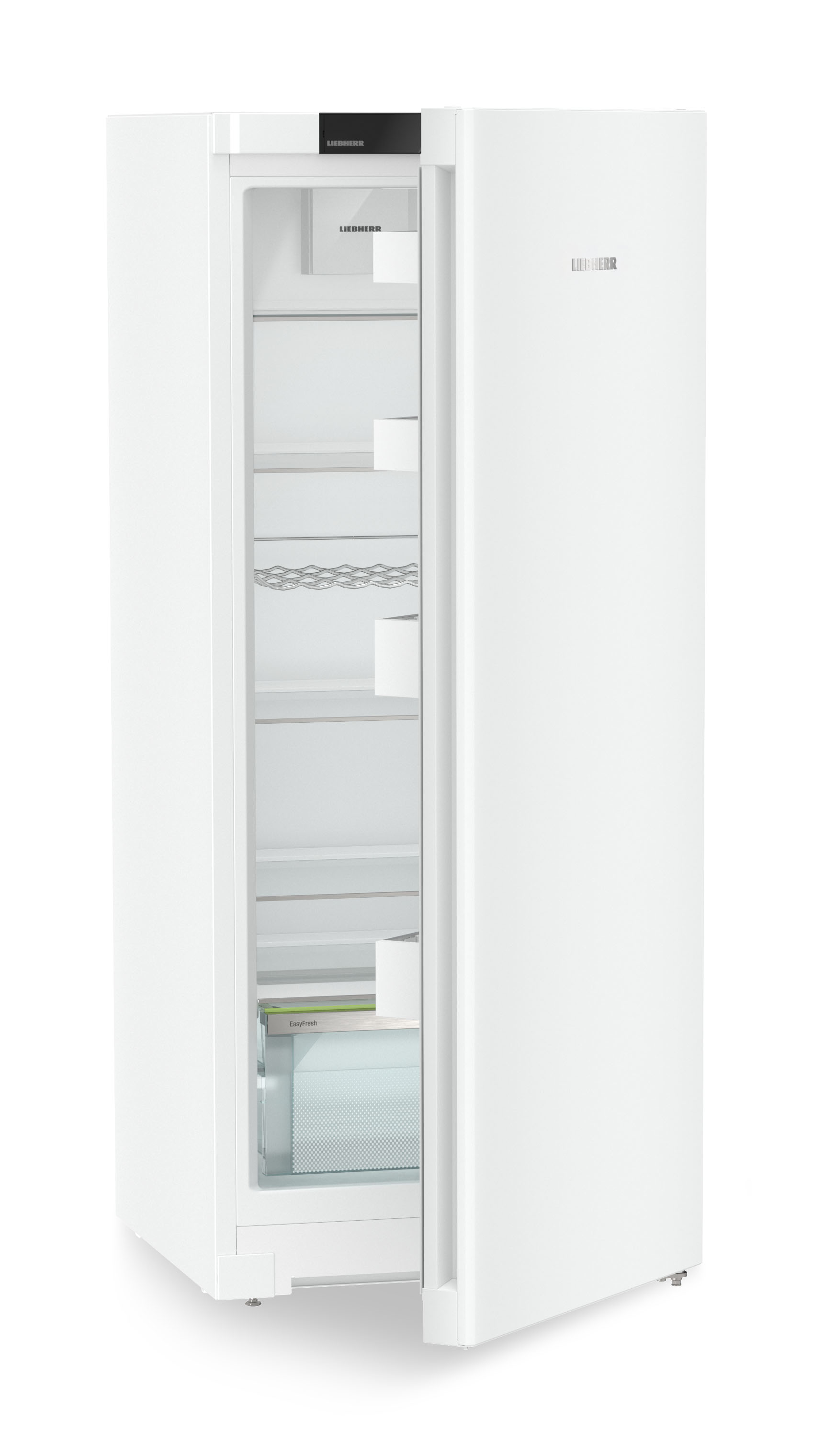 Un frigorifero Liebherr bianco con la porta aperta. All'interno, ripiani e un cassetto. Il marchio è visibile.