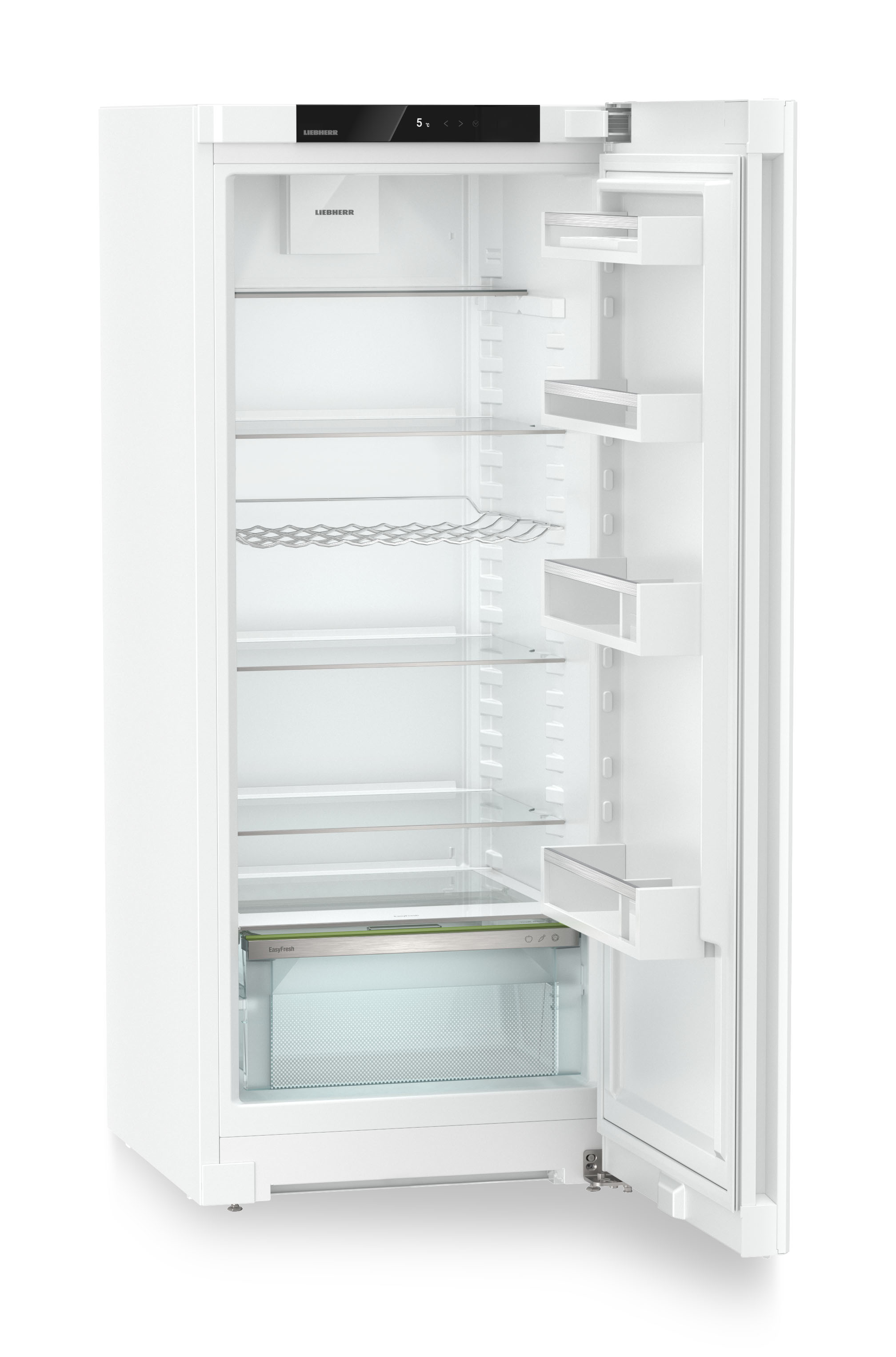 Frigorifero bianco con porta aperta. Ripiani e cassetti in vetro visibili. Presente il logo Liebherr.