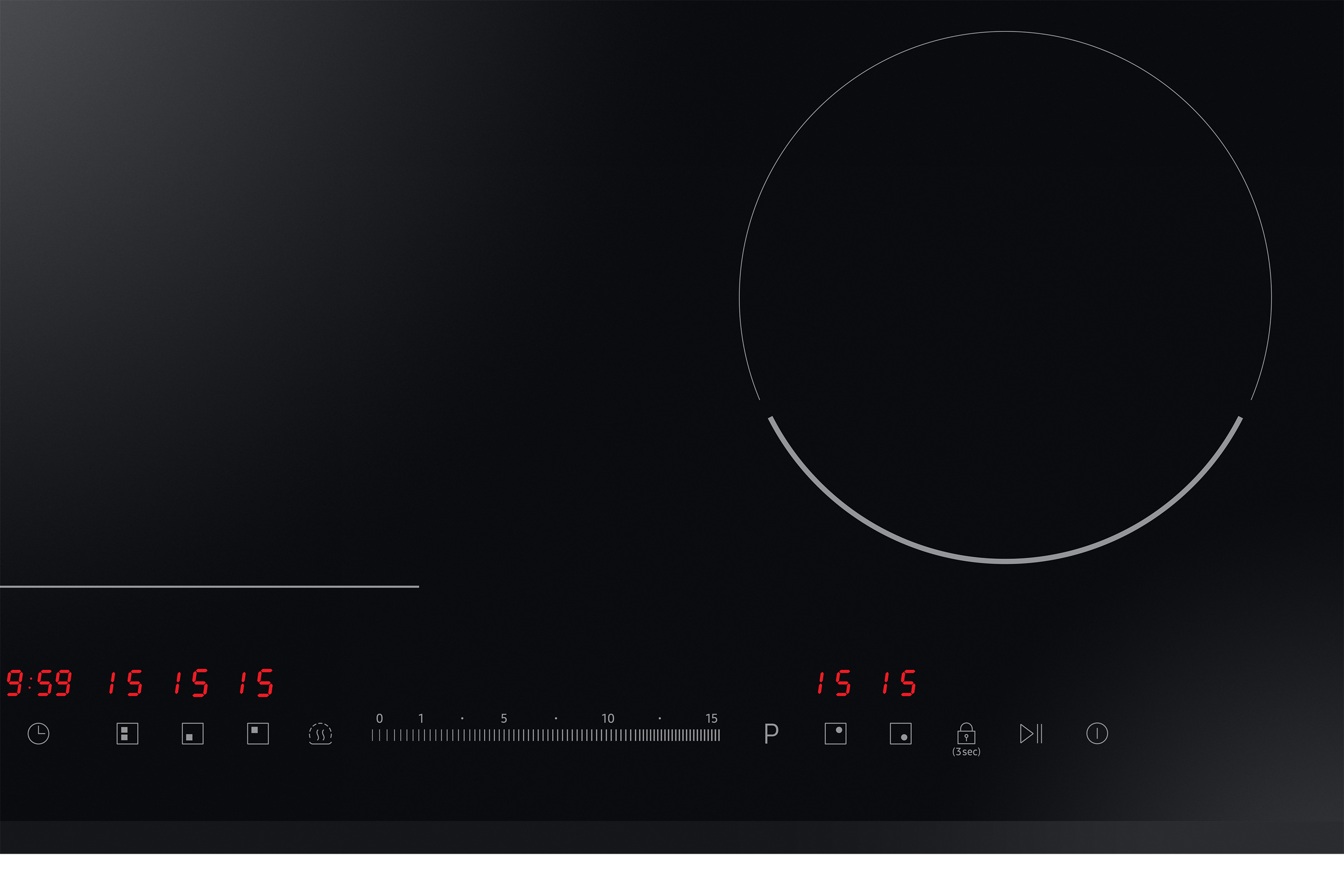 Czarna płyta indukcyjna z dwoma palnikami, cyfrowym wyświetlaczem i sterowaniem dotykowym. Liczby i symbole są czerwone.