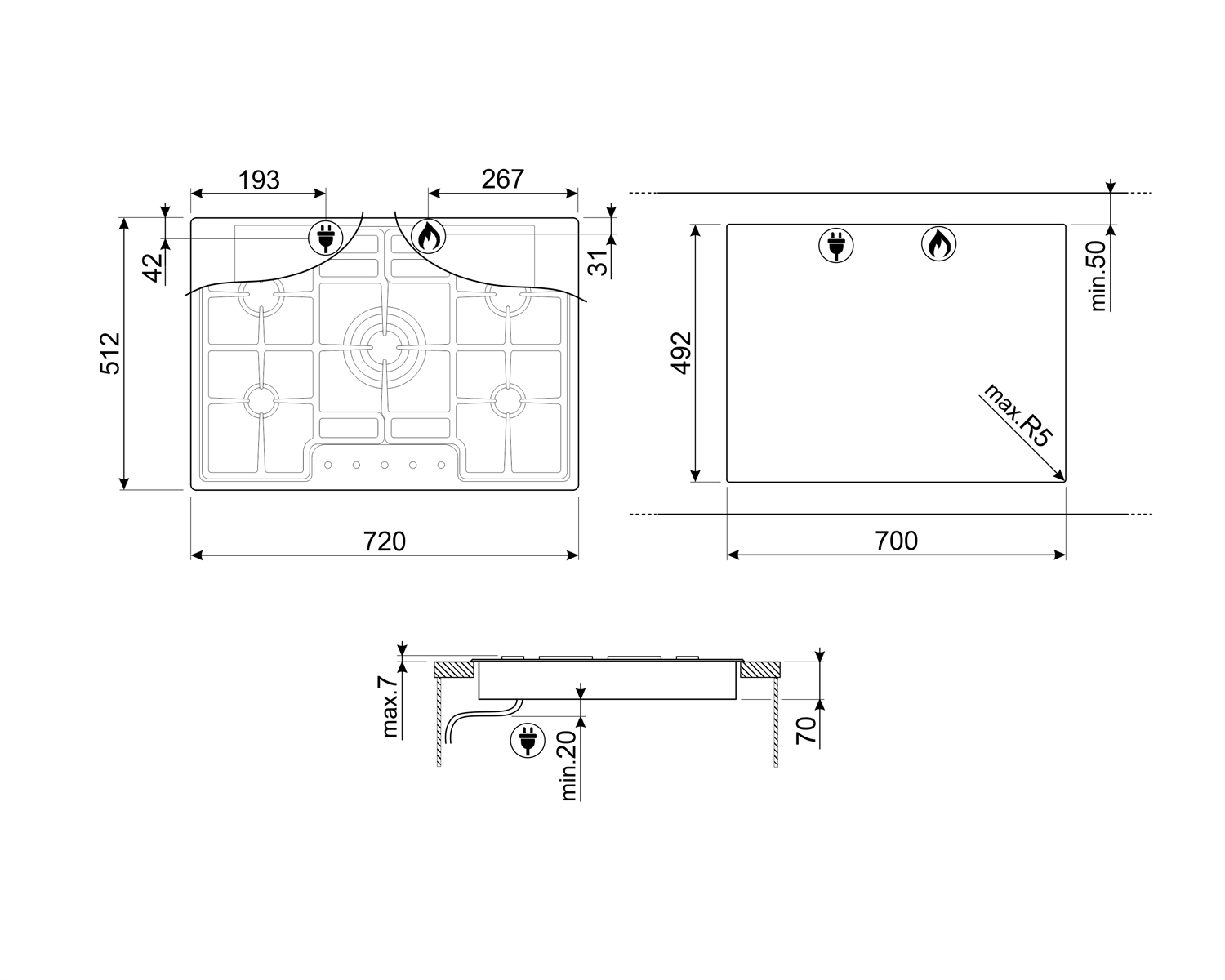 Dibujo técnico de una encimera de gas con dimensiones. Incluye vistas superior, frontal y lateral con medidas en mm.