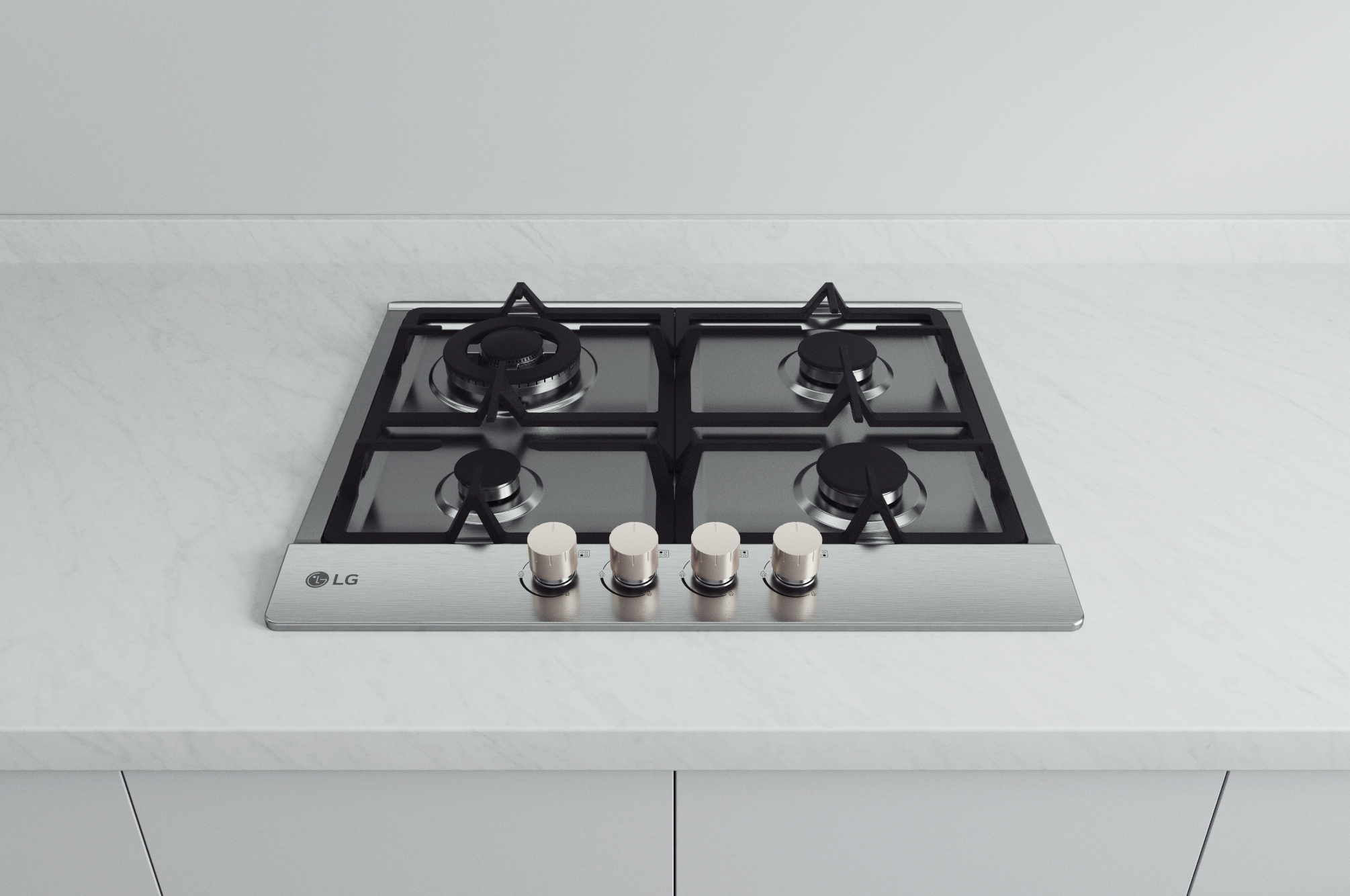 Stalowa płyta gazowa z czterema palnikami i pokrętłami na białym blacie. Widoczne logo LG.