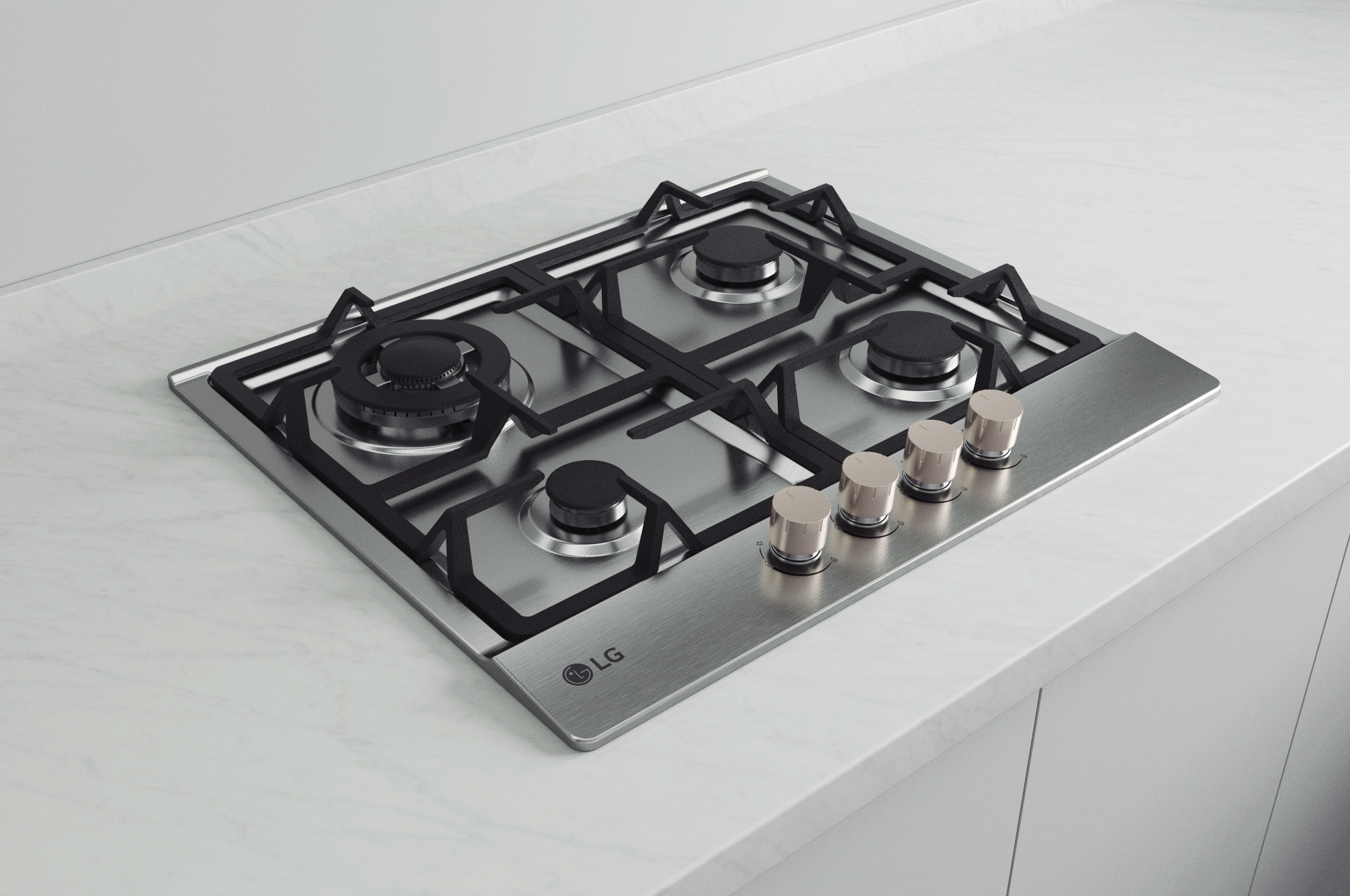 Stalowa płyta gazowa LG z czterema palnikami i pokrętłami. Znajduje się na białym blacie.
