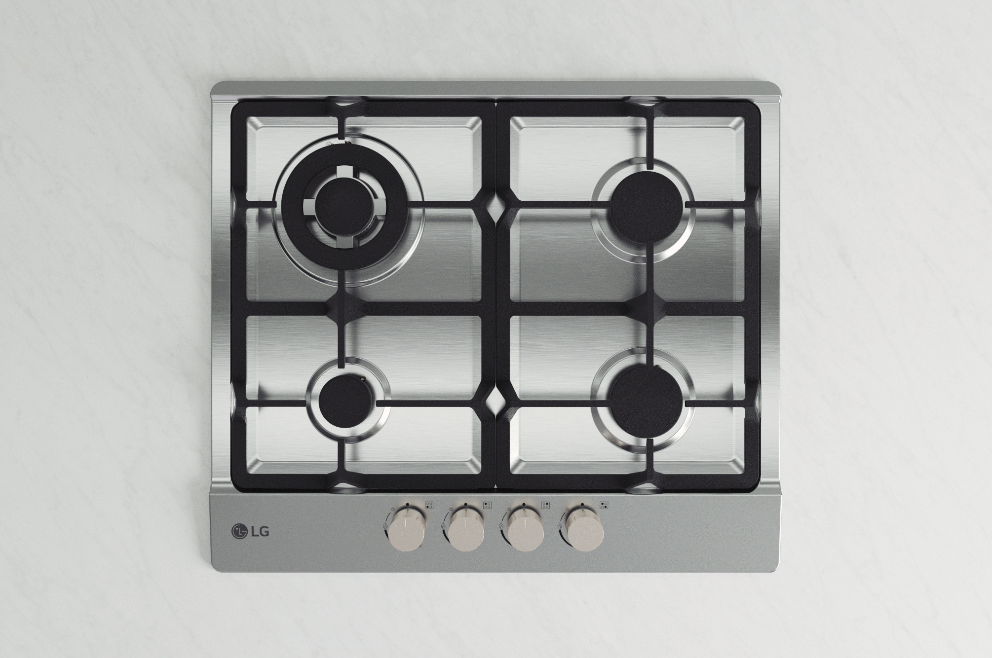 Stalowa płyta gazowa LG z czterema palnikami, pokrętłami i czarnymi kratkami, na białej marmurowej powierzchni.