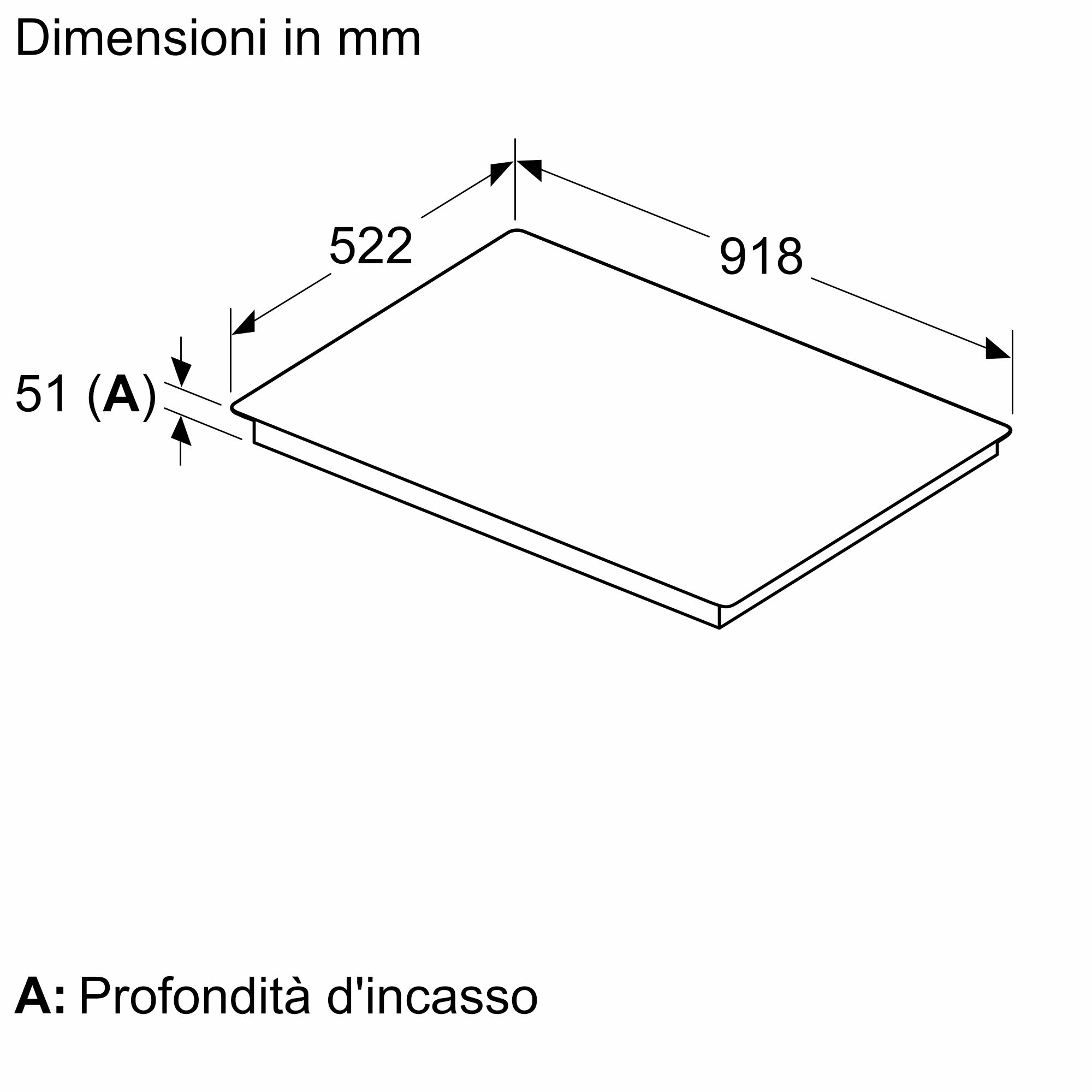 Schemat z wymiarami w mm. Prostokąt 522x918 mm i głębokość 51 mm. Tekst: A: Głębokość montażu.