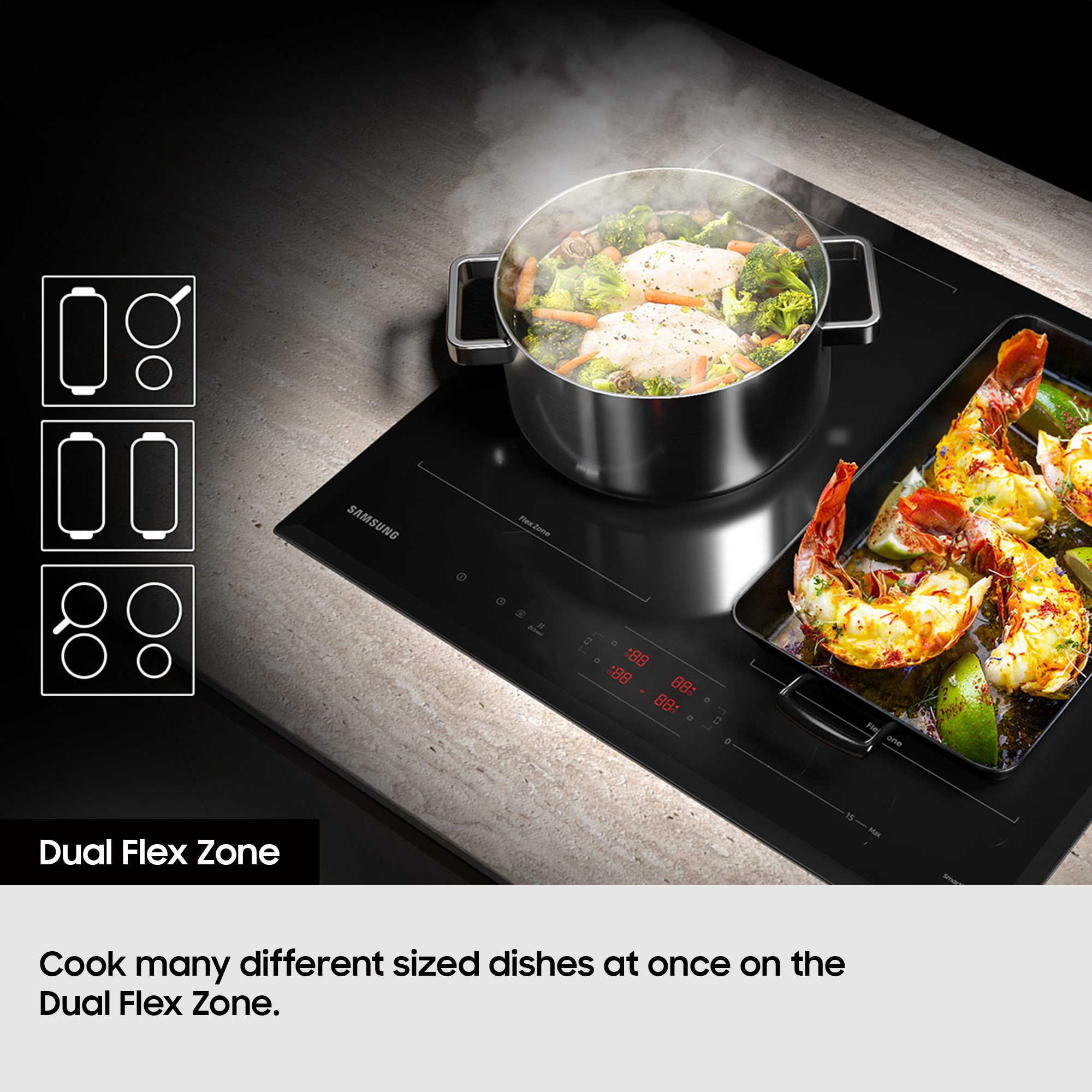 Encimera de inducción negra Samsung con comida cocinándose. Camarones en sartén, verduras en olla. 