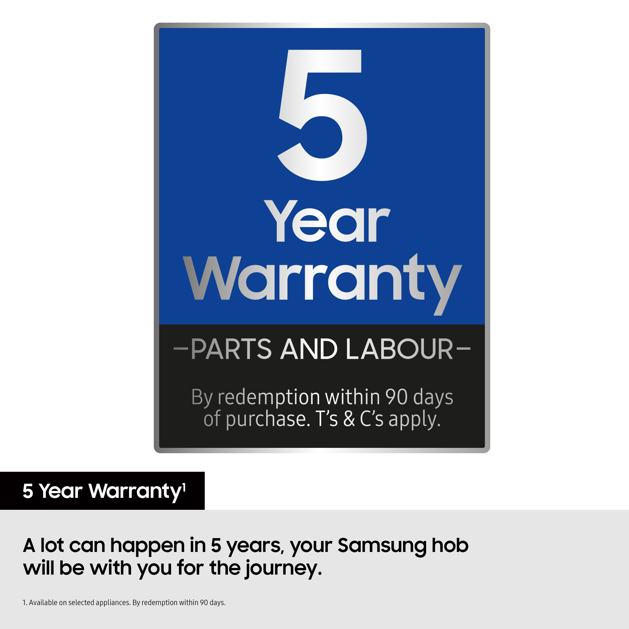 Rectángulo azul con 5 blanco y 'Year Warranty'. El texto inferior muestra detalles de la garantía.