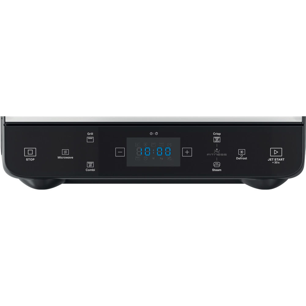 Primer plano de un panel de control de microondas negro con botones para microondas, grill, descongelación e inicio rápido. Una pantalla digital muestra la hora.