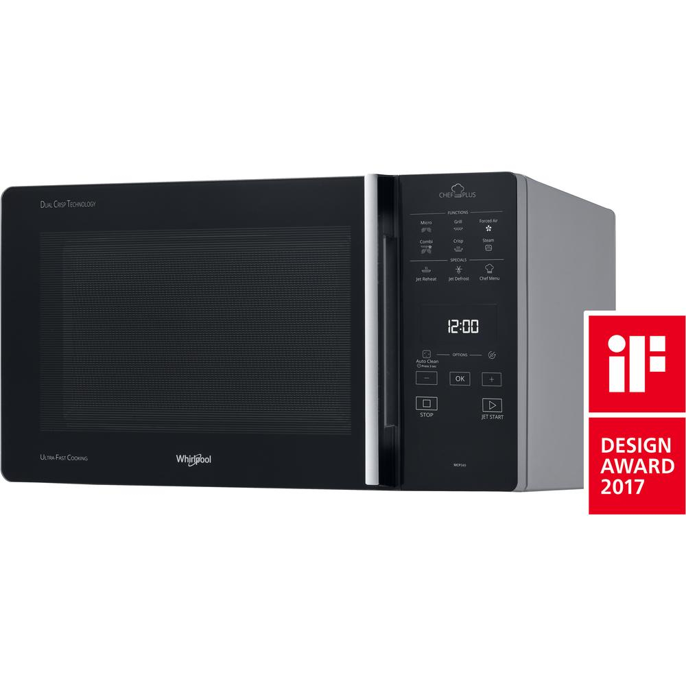 Un forno a microonde Whirlpool con porta e pannello di controllo neri. Ha un display digitale e la scritta 'Design Award 2017'.