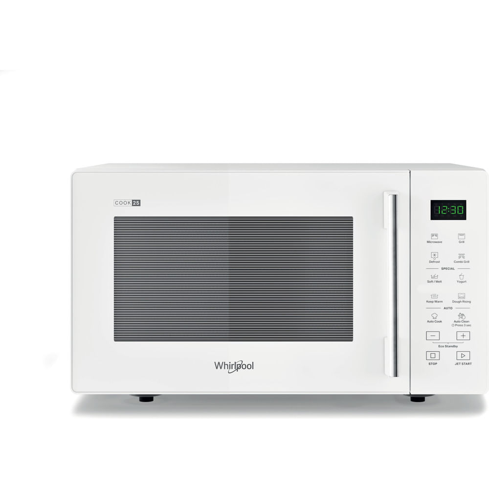 A white Whirlpool microwave oven. It has a digital clock displaying 12:30. Features include defrost, grill, and auto cook options.