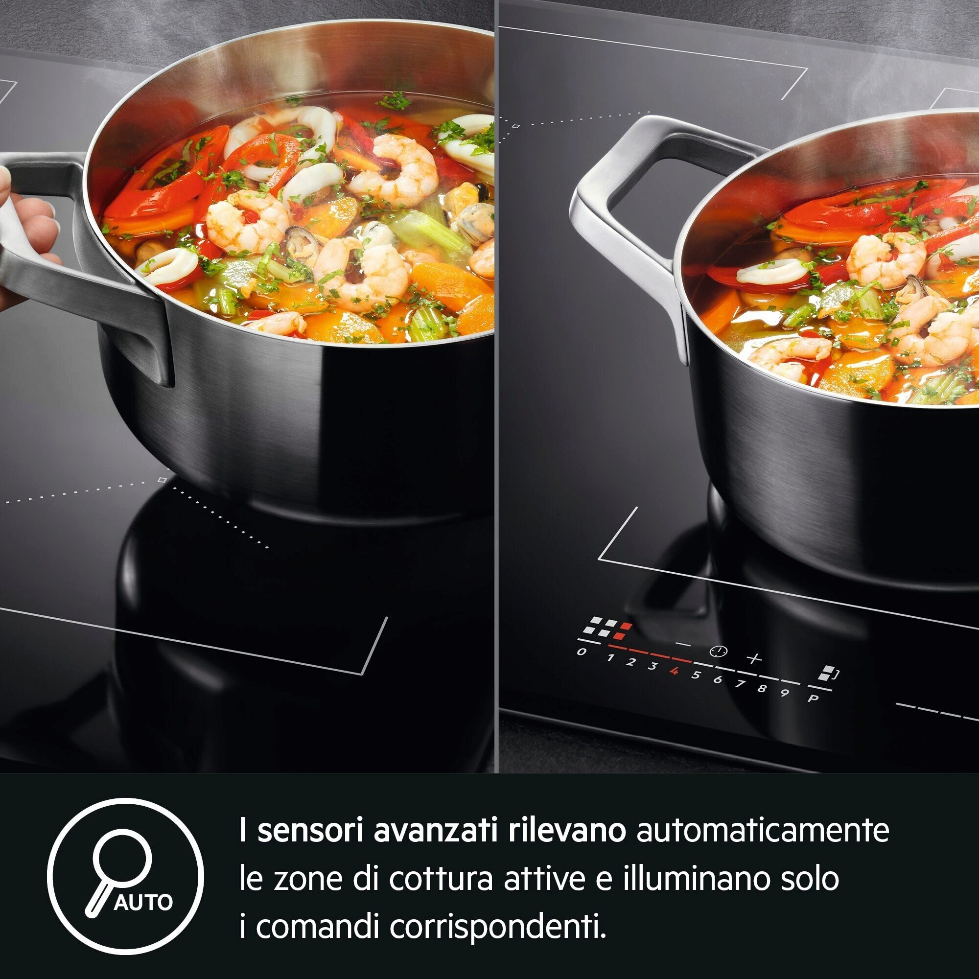 Due pentole di zuppa di pesce su un piano cottura nero. La pentola sinistra è tenuta da una mano.