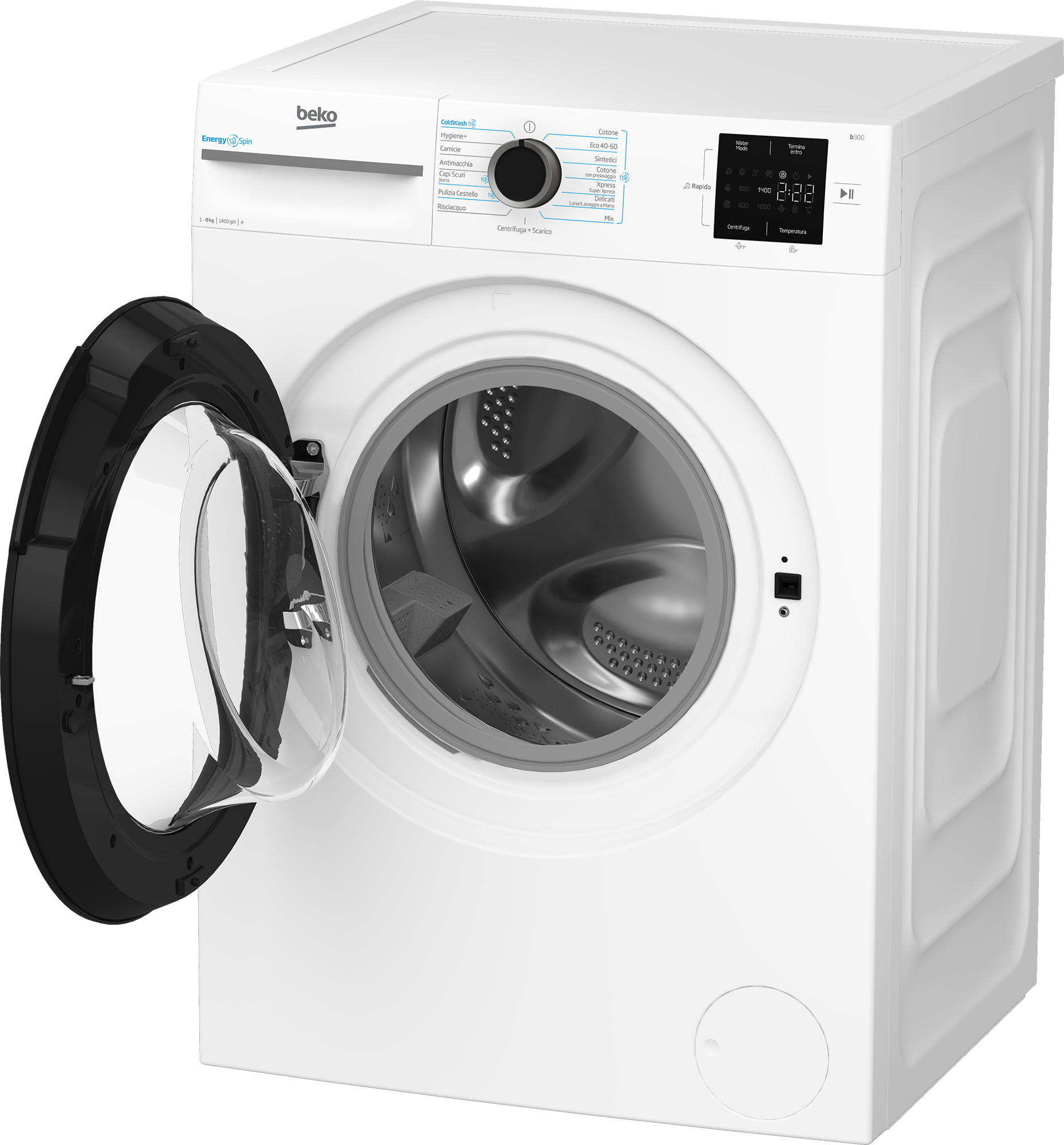Lavatrice Beko bianca con porta nera aperta. Il pannello di controllo mostra le opzioni del programma e il timer.