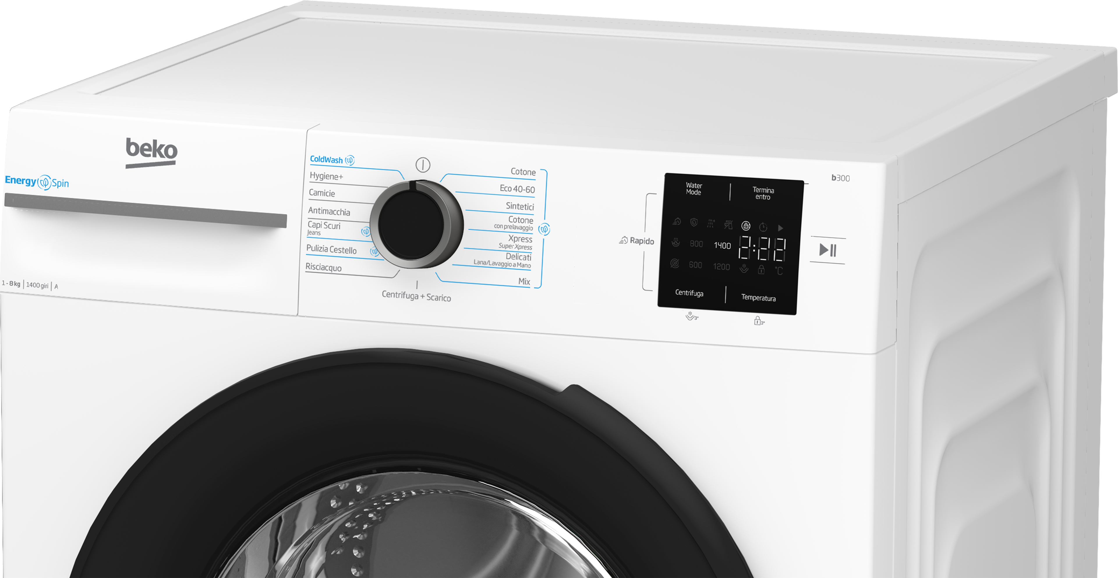 Lavatrice Beko bianca con pannello di controllo e porta nera.